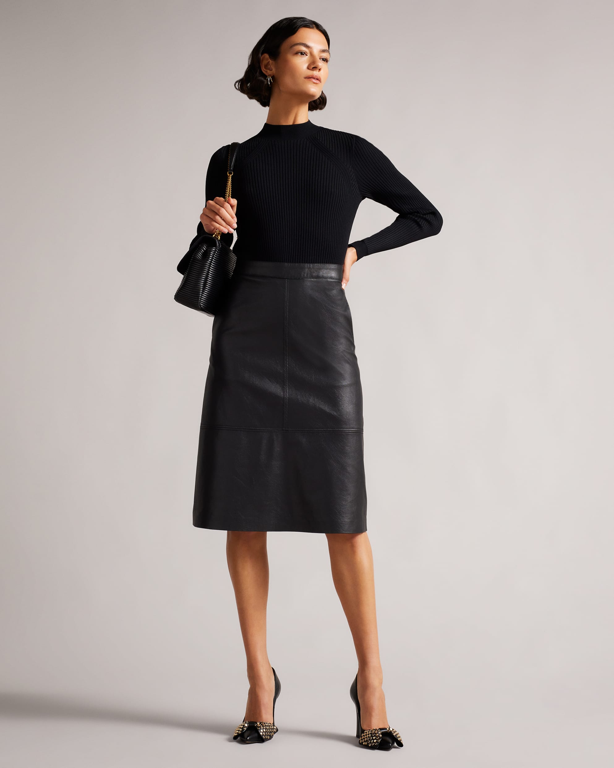 Shop Alltaa Knit Bodice Midi Dress With Faux Leather Skirt Black for Women Online | Ted Baker Kuwait Shop Alltaa Knit Bodice Midi Dress With Faux Leather Skirt Black for Women Online | Ted Baker Kuwait