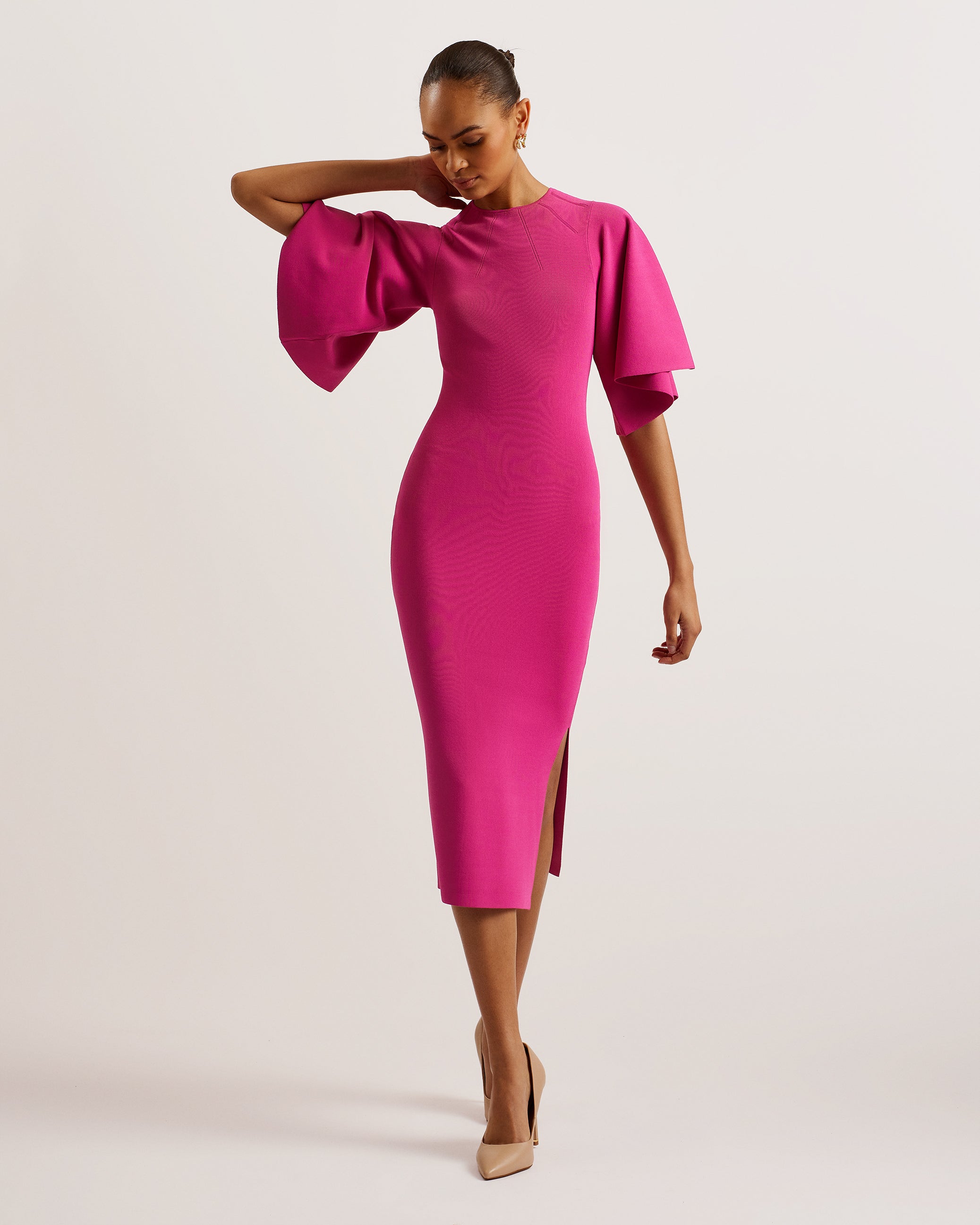 Lounia Fluted Sleeve Knitted Bodycon Midi Dress Brt-Pink