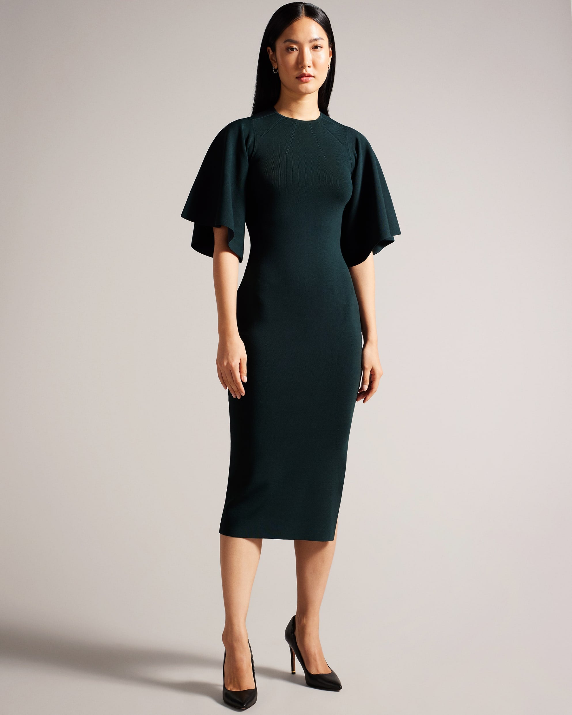 Shop Lounia Fluted Sleeve Knitted Bodycon Midi Dress Dk-Green for Women Online | Ted Baker Kuwait Shop Lounia Fluted Sleeve Knitted Bodycon Midi Dress Dk-Green for Women Online | Ted Baker Kuwait