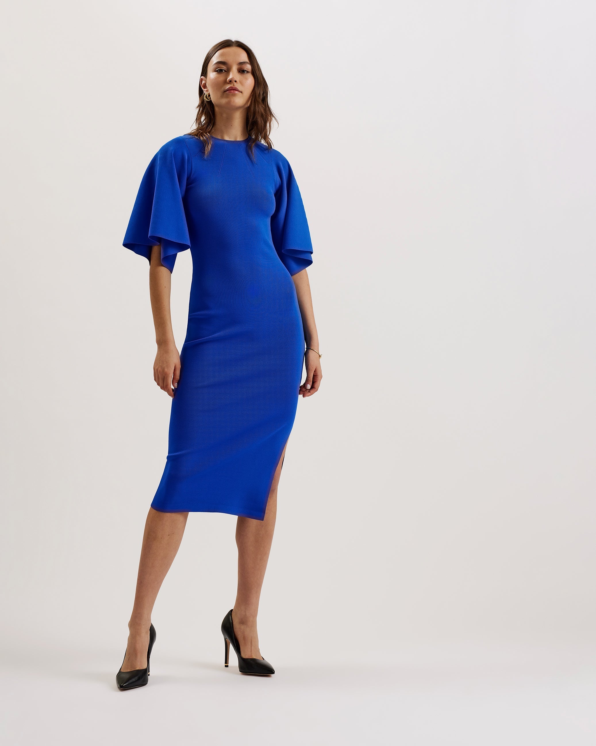Lounia Fluted Sleeve Knitted Bodycon Midi Dress Mid-Blue