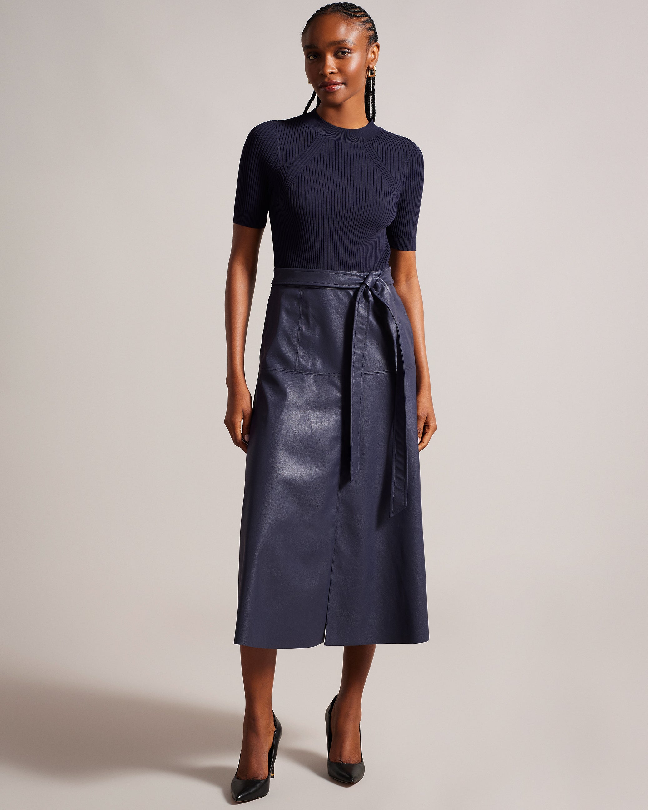 Shop Matiar Knit And Faux Leather Midi Dress Dk-Blue for Women Online