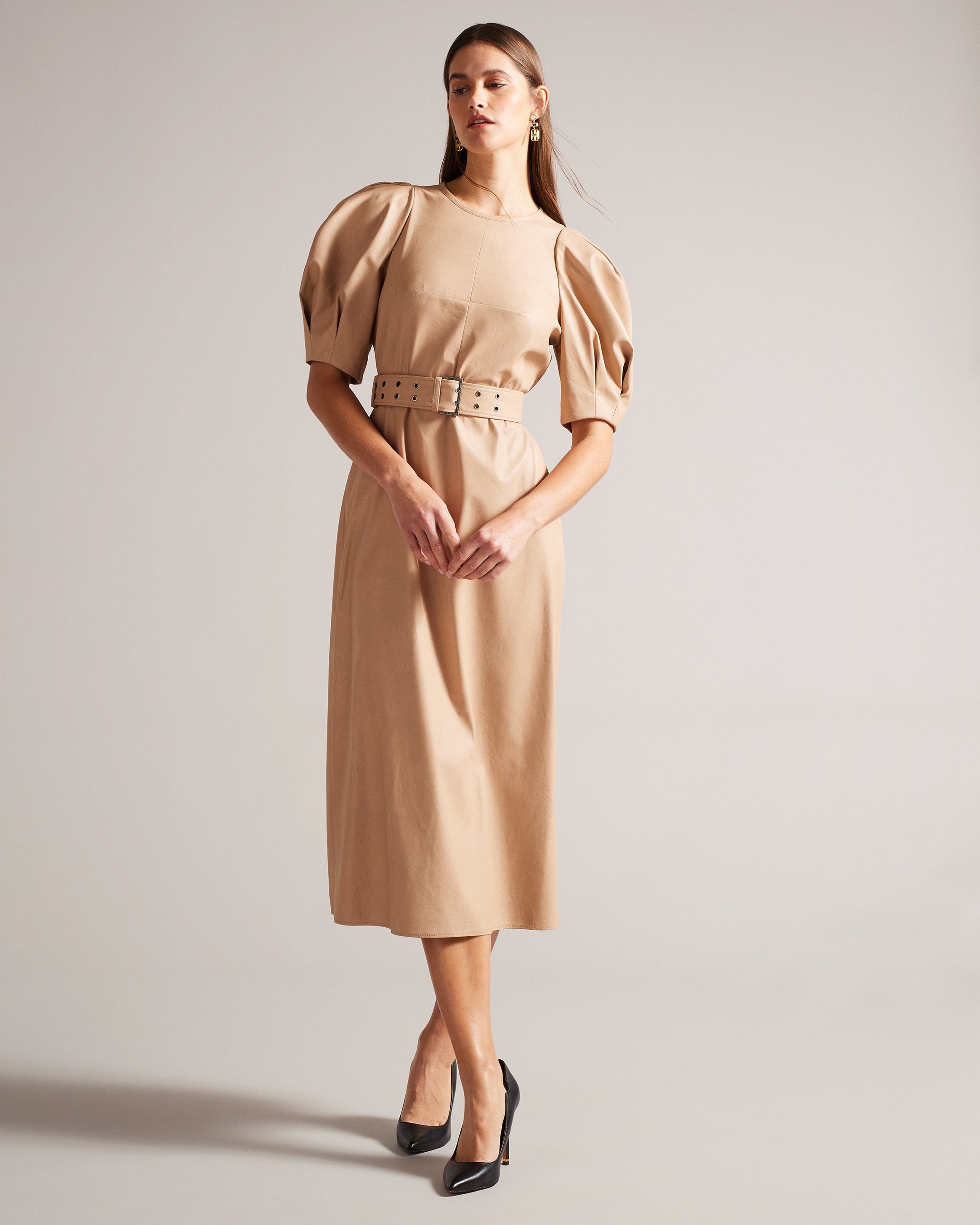 ted baker beige dress Shop Palowma Puff Sleeve Midi Dress With Belt Camel for Women Online