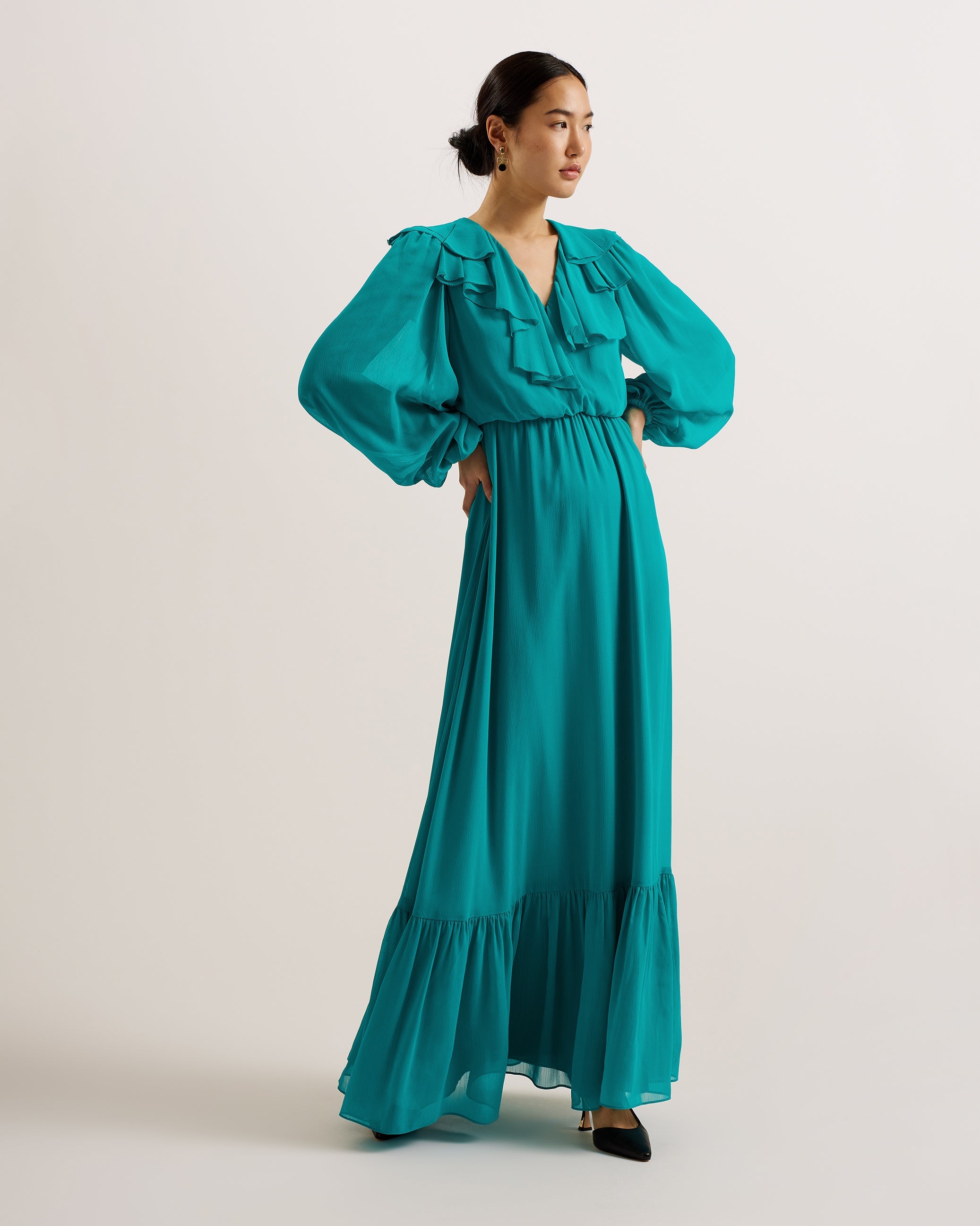 Shop Keina Long Sleeve Maxi Dress With Ruffles Green for Women Online | Ted Baker Kuwait Shop Keina Long Sleeve Maxi Dress With Ruffles Green for Women Online | Ted Baker Kuwait