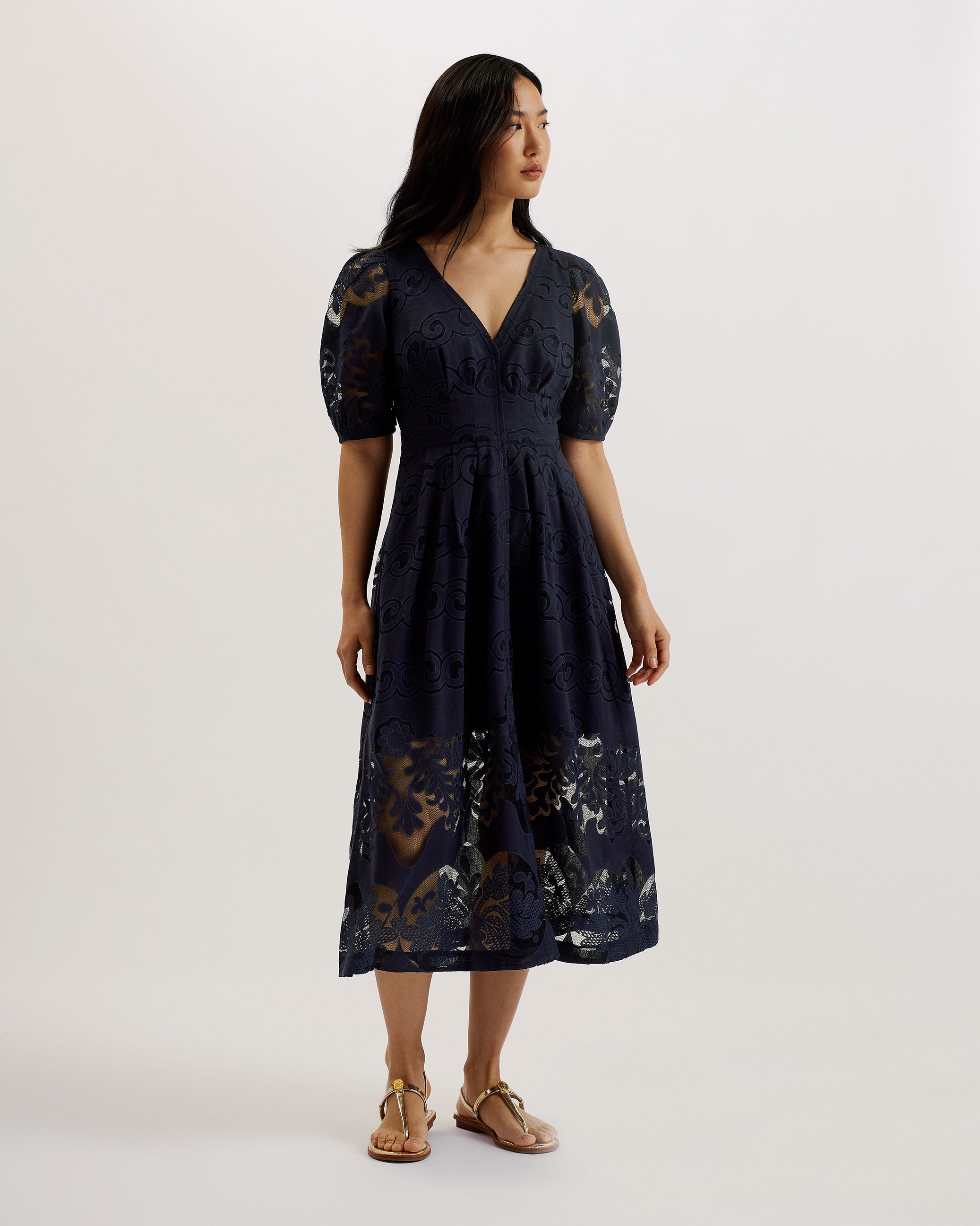 Agnel Lace Puff Sleeve Midi Dress Navy Agnel Lace Puff Sleeve Midi Dress Navy