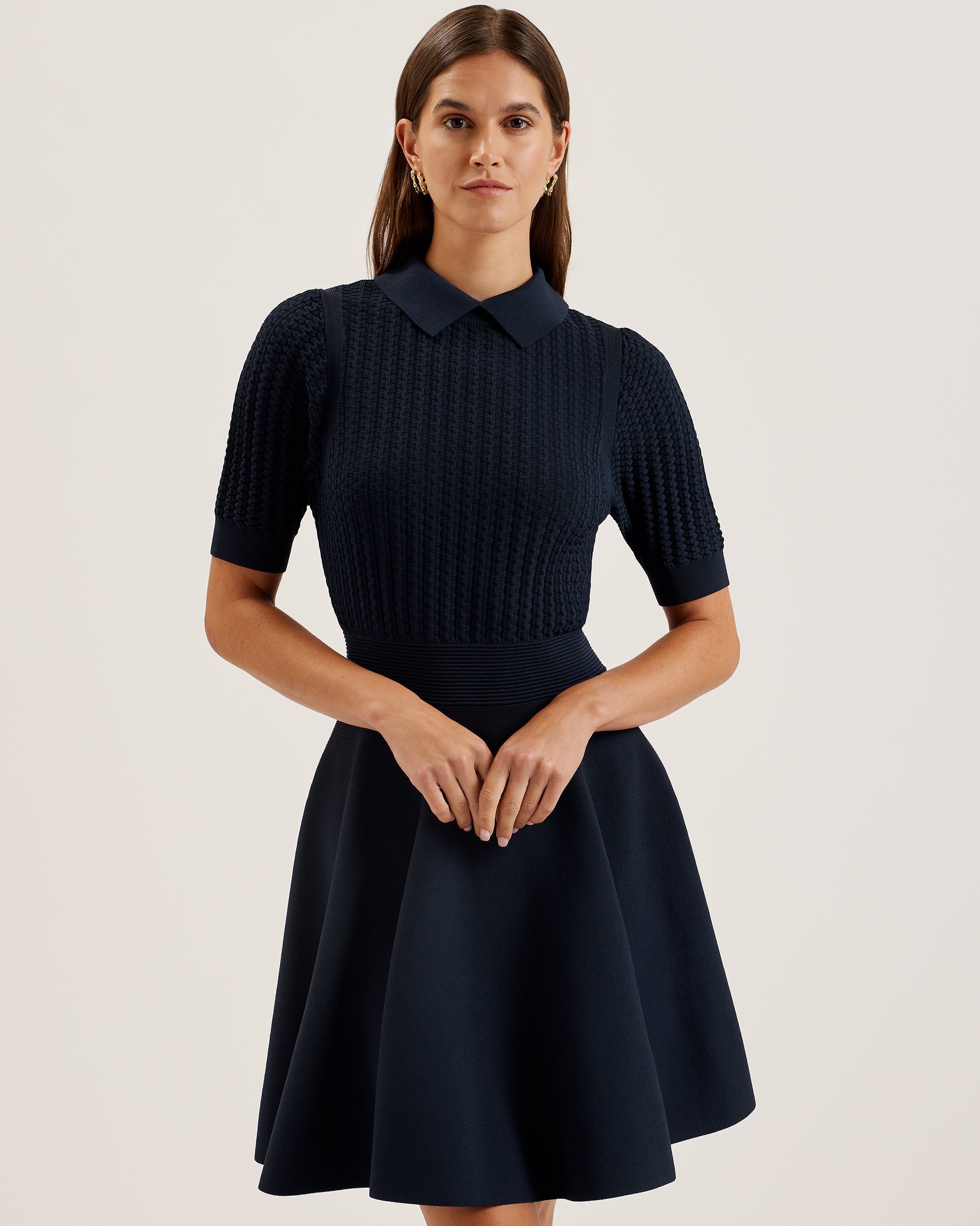 Shop Miiaaa Knitted Skater Dress With Collar Navy for Women Online