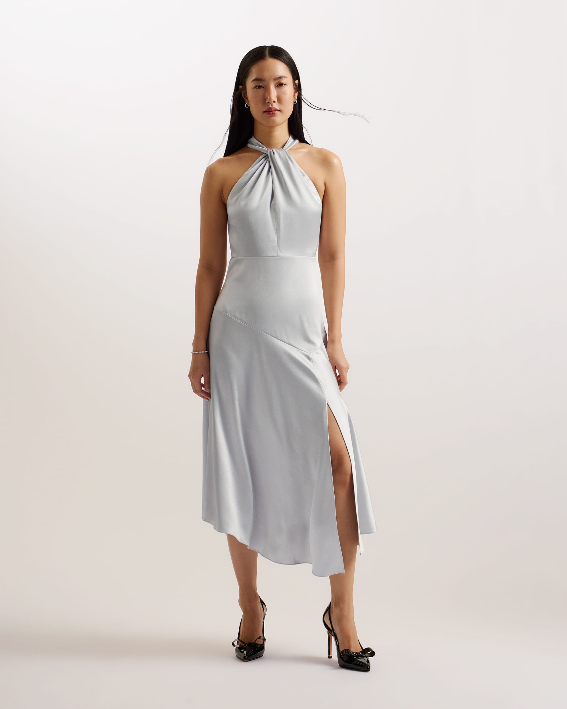 Shop Masae Twist Neck Satin Asymmetric Midi Dress Lt-Grey for Women Online 