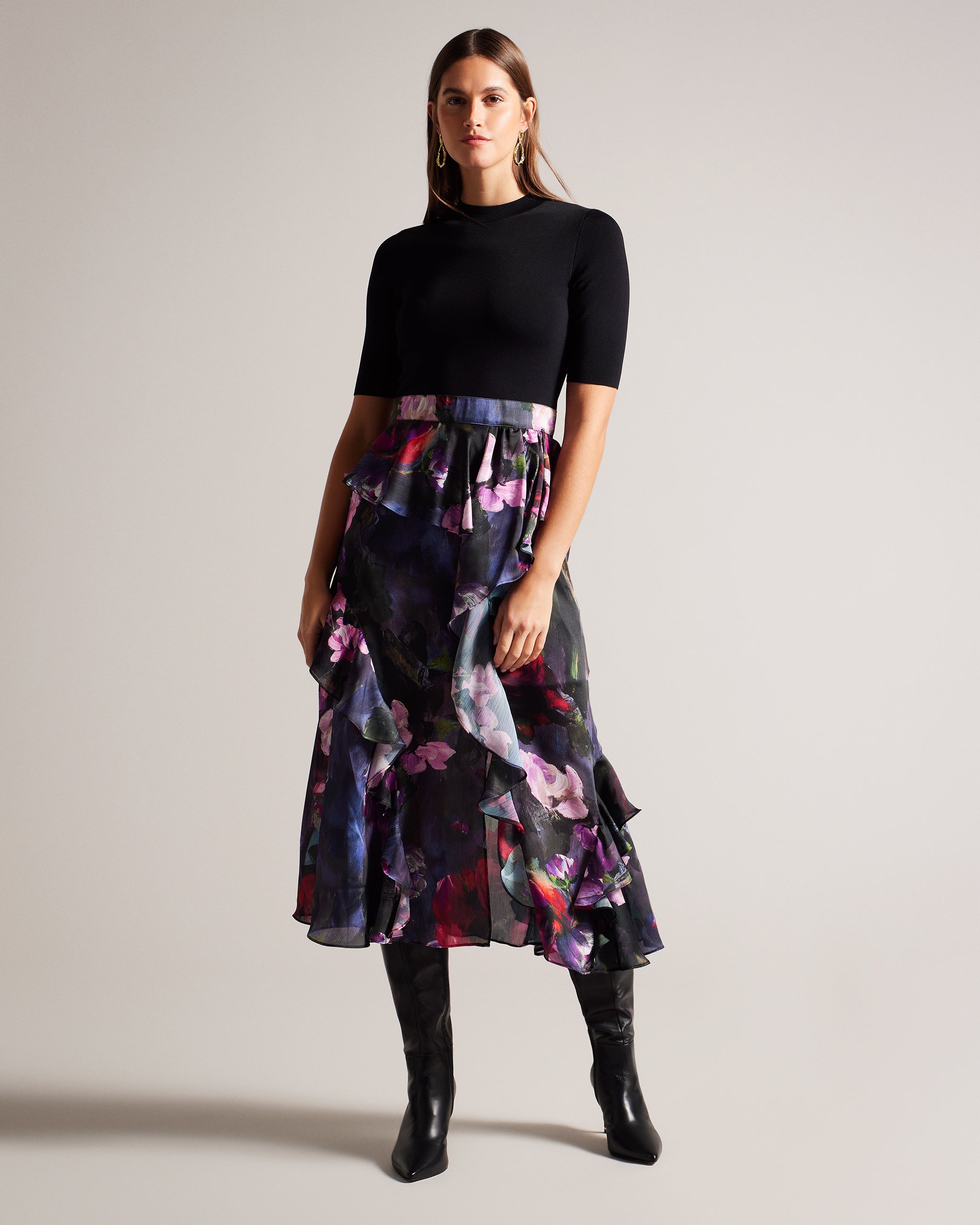 Shop Rowana Fitted Knit Bodice Dress With Ruffle Skirt Black for Women Online | Ted Baker Kuwait Shop Rowana Fitted Knit Bodice Dress With Ruffle Skirt Black for Women Online | Ted Baker Kuwait