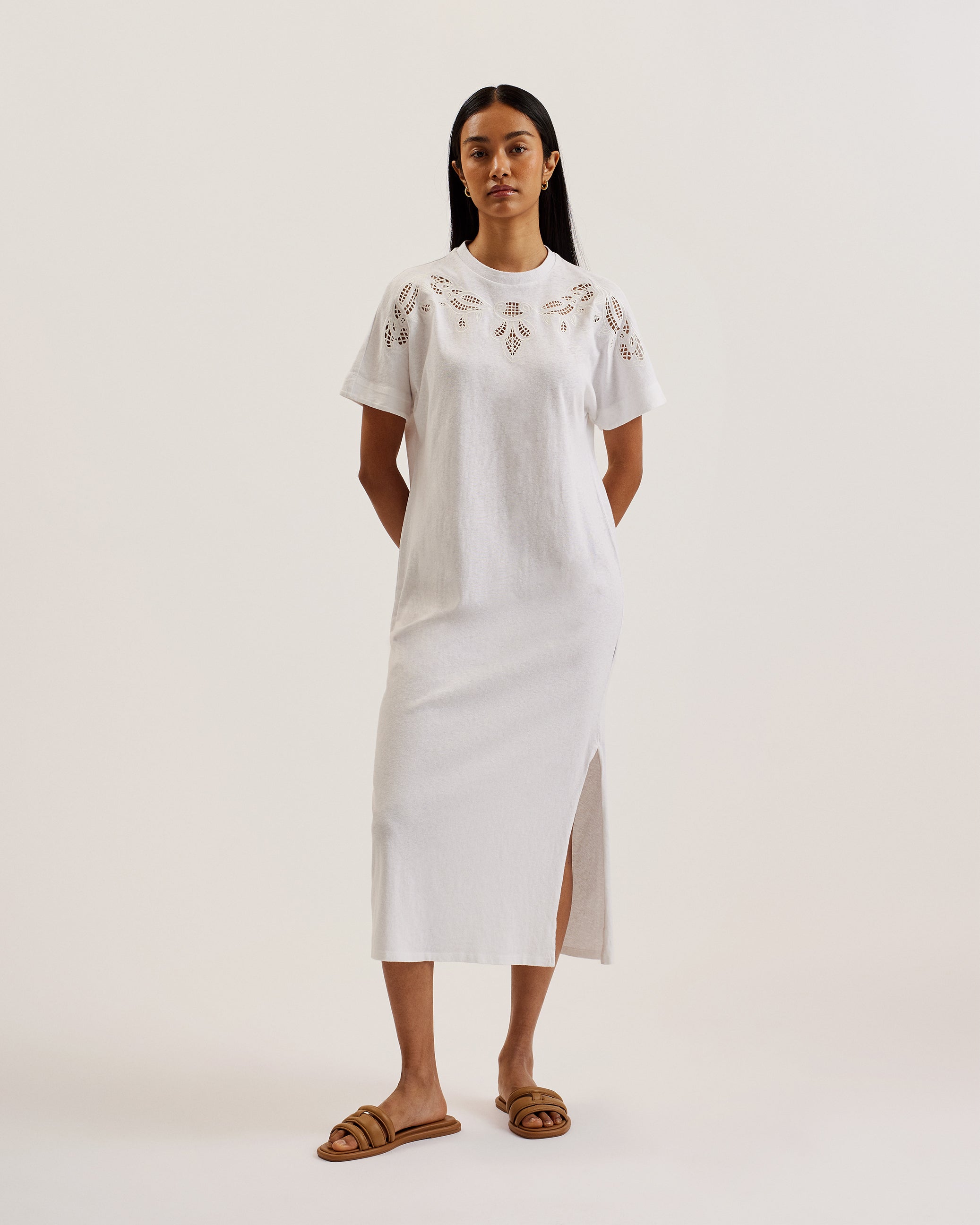 white midi t shirt dress Shop Salyha Embroidered Cut Out Midi Tshirt Dress White for Women Online