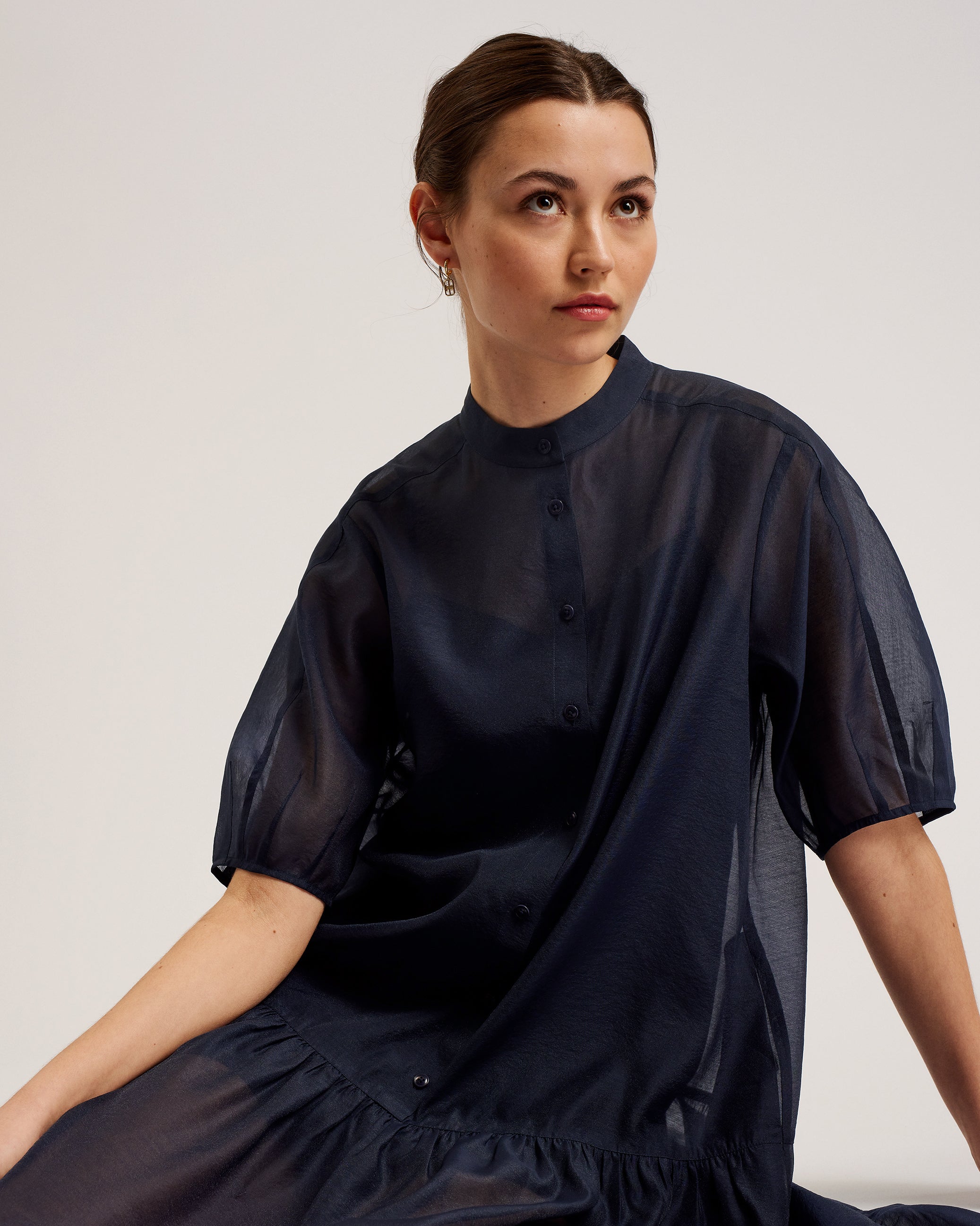 open lace back dress Shop Pyla Organza Shirt Dress With Puff Sleeve Dk-Blue for Women Online