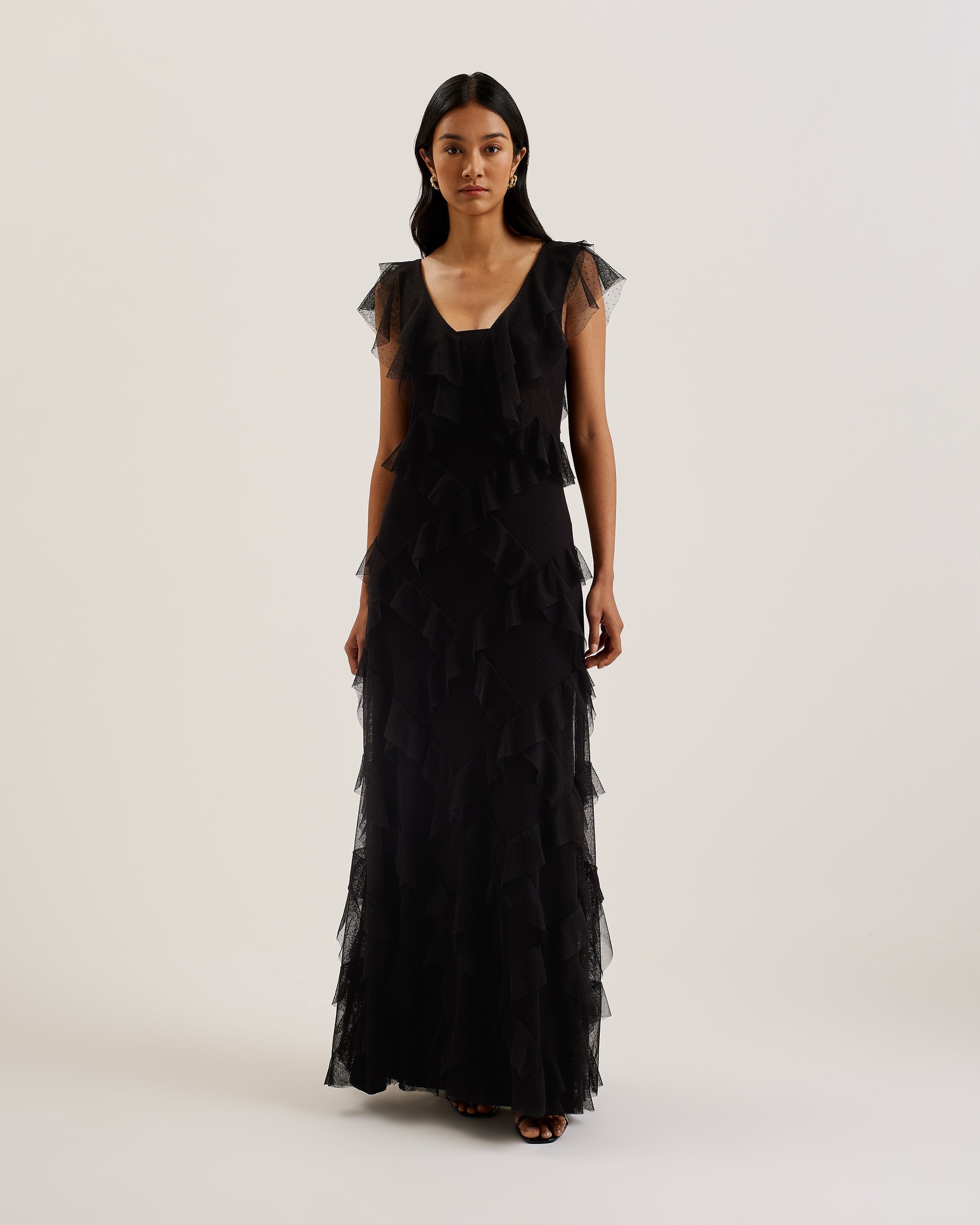 Shop Nikaa Mesh Ruffle Plunge Maxi Dress Black for Women Online