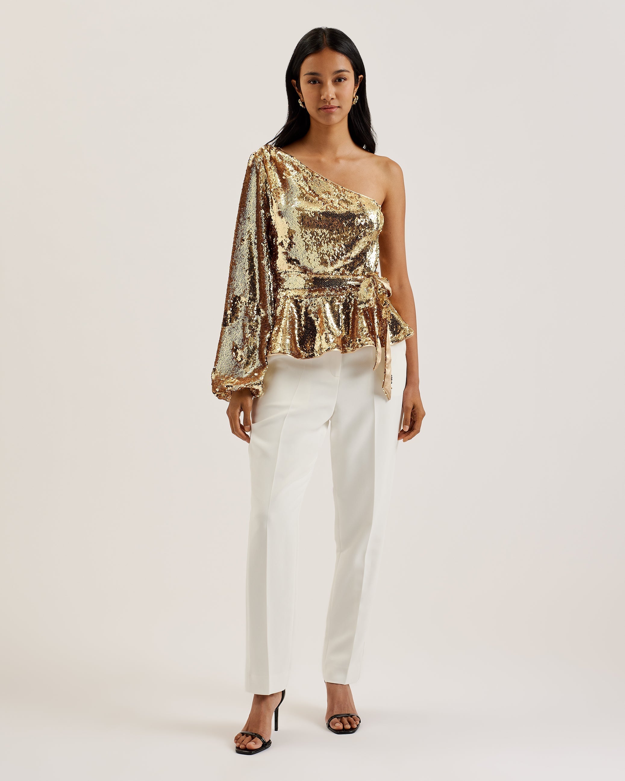 gold sequin one sleeve sequin top