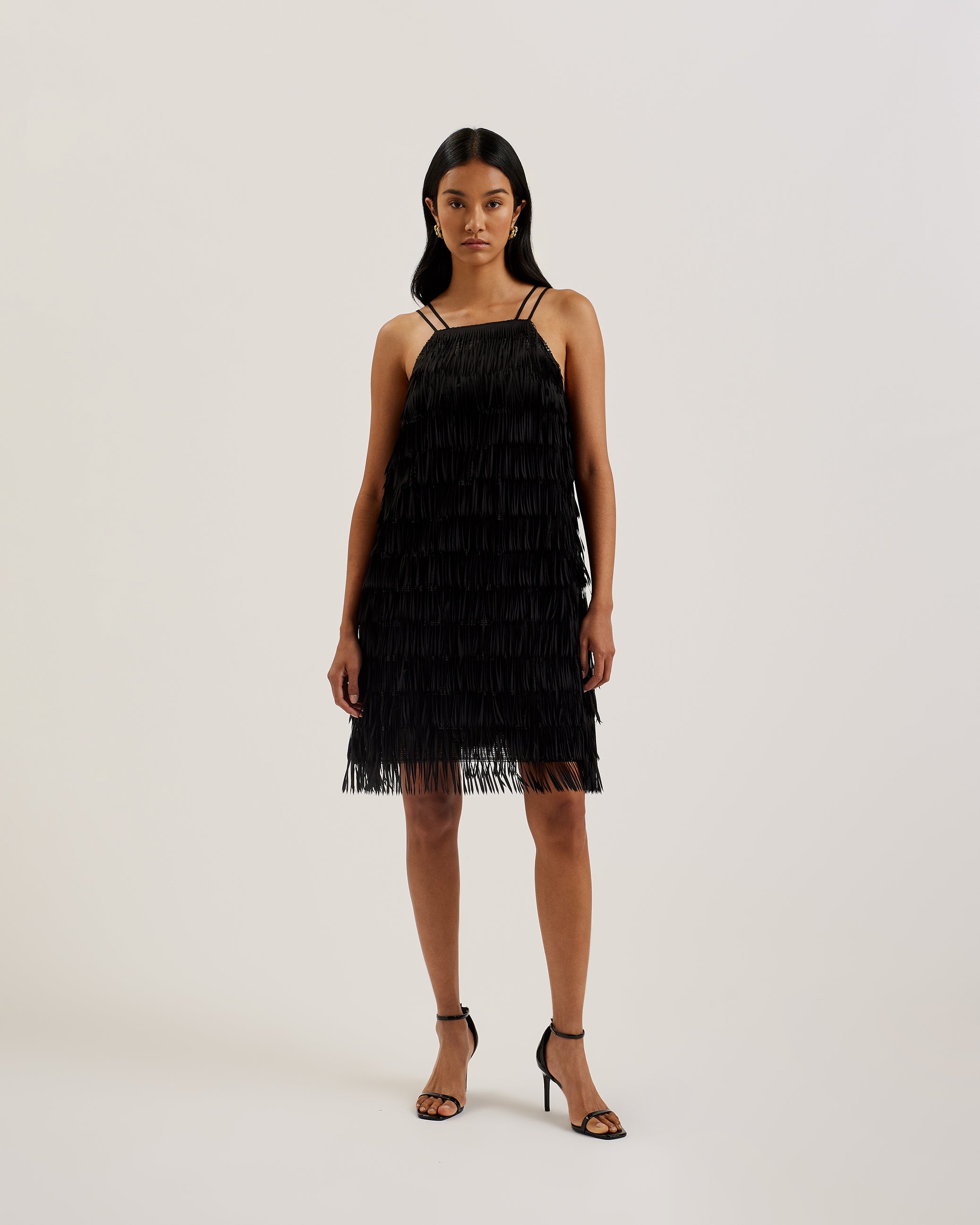 Bartin Fringe Halter Neck Mini Dress Black Bartin Fringe Halter Neck Mini Dress Black