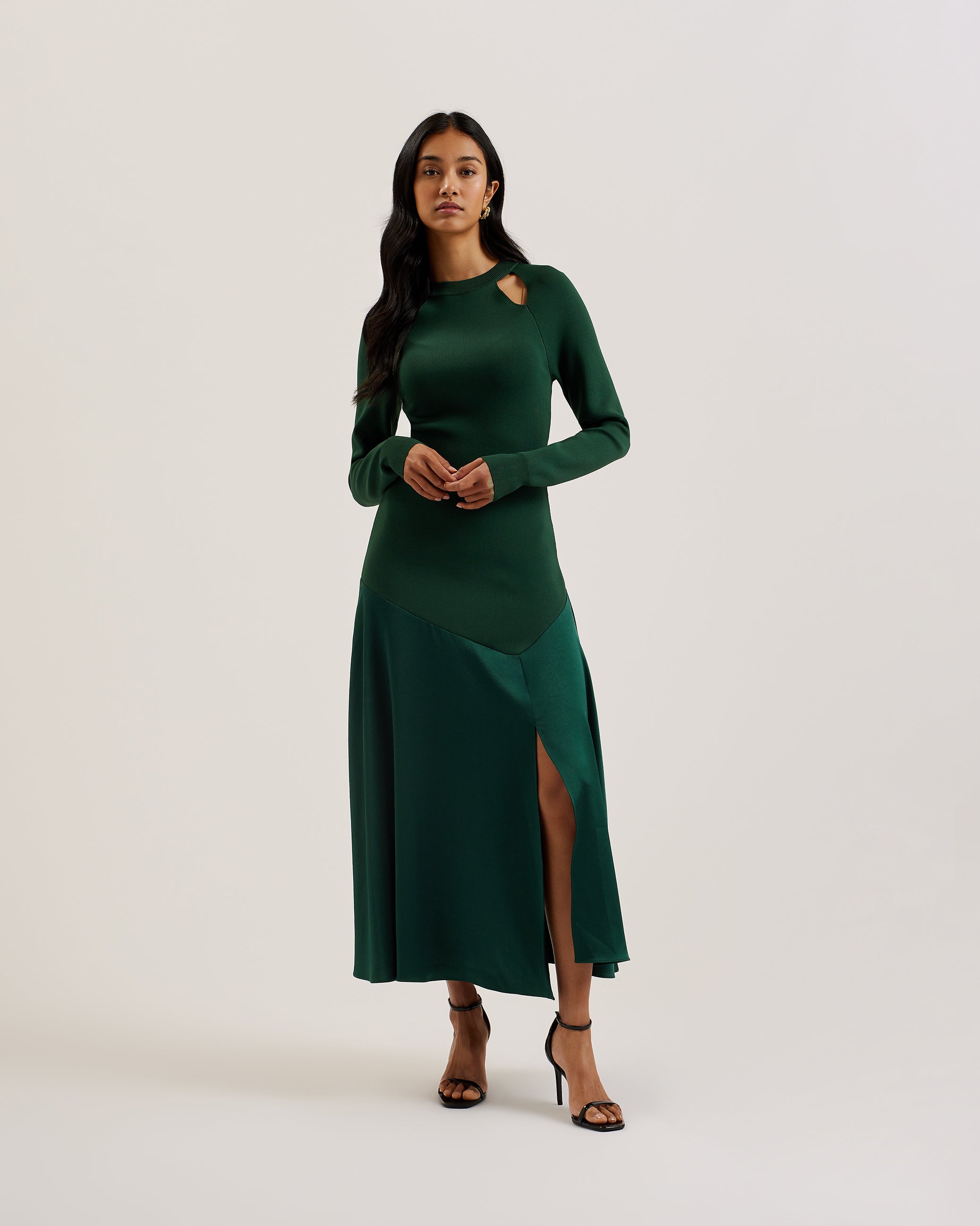 Shop Alfeios Cut Out Midi Knit Dress With Front Sl Dk-Green for Women Online | Ted Baker Kuwait Shop Alfeios Cut Out Midi Knit Dress With Front Sl Dk-Green for Women Online | Ted Baker Kuwait