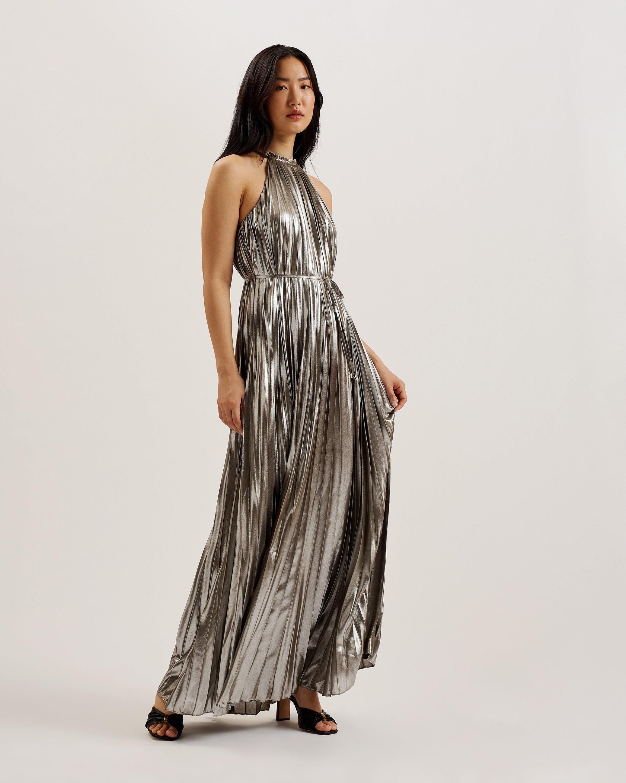 Shop Yalina Halter Neck Midi Dress With Tie Silver for Women Online | Ted Baker Kuwait Shop Yalina Halter Neck Midi Dress With Tie Silver for Women Online | Ted Baker Kuwait
