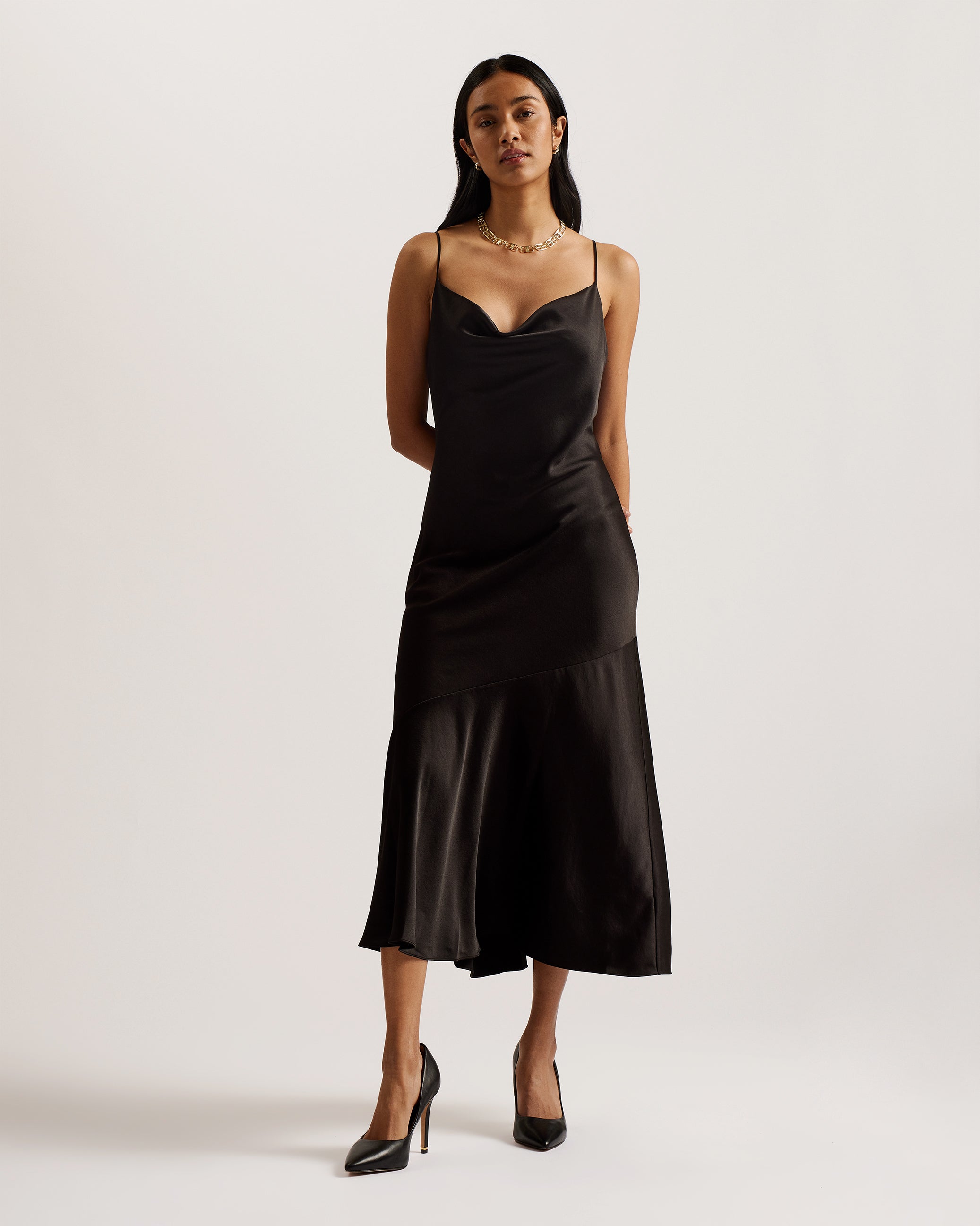 Shop Tunca Satin Cowl Neck Evening Midi Dress Black for Women Online | Ted Baker Kuwait Shop Tunca Satin Cowl Neck Evening Midi Dress Black for Women Online | Ted Baker Kuwait