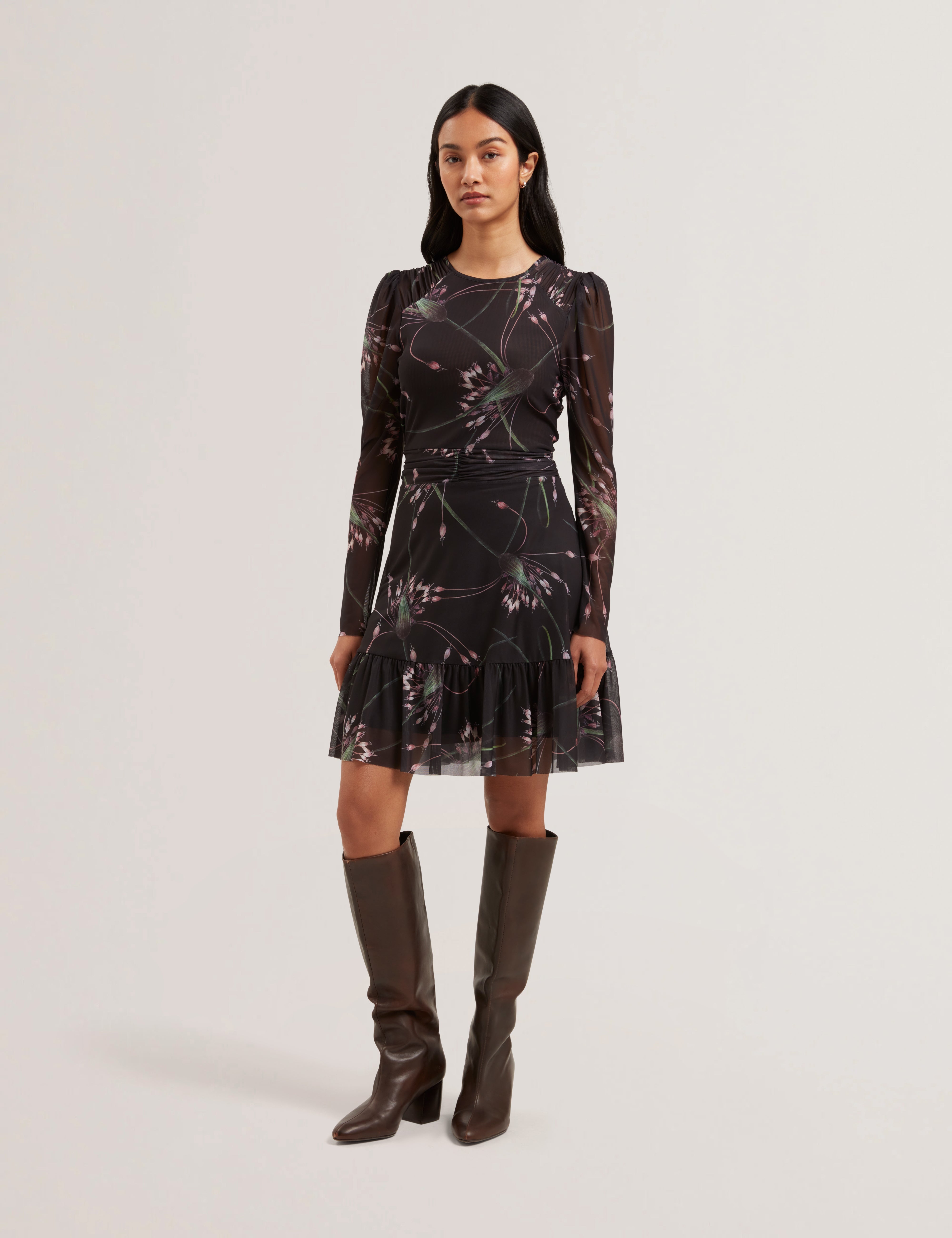 Shop Sannde Gathered Shoulder Mesh Mini Skater Dress Black for
