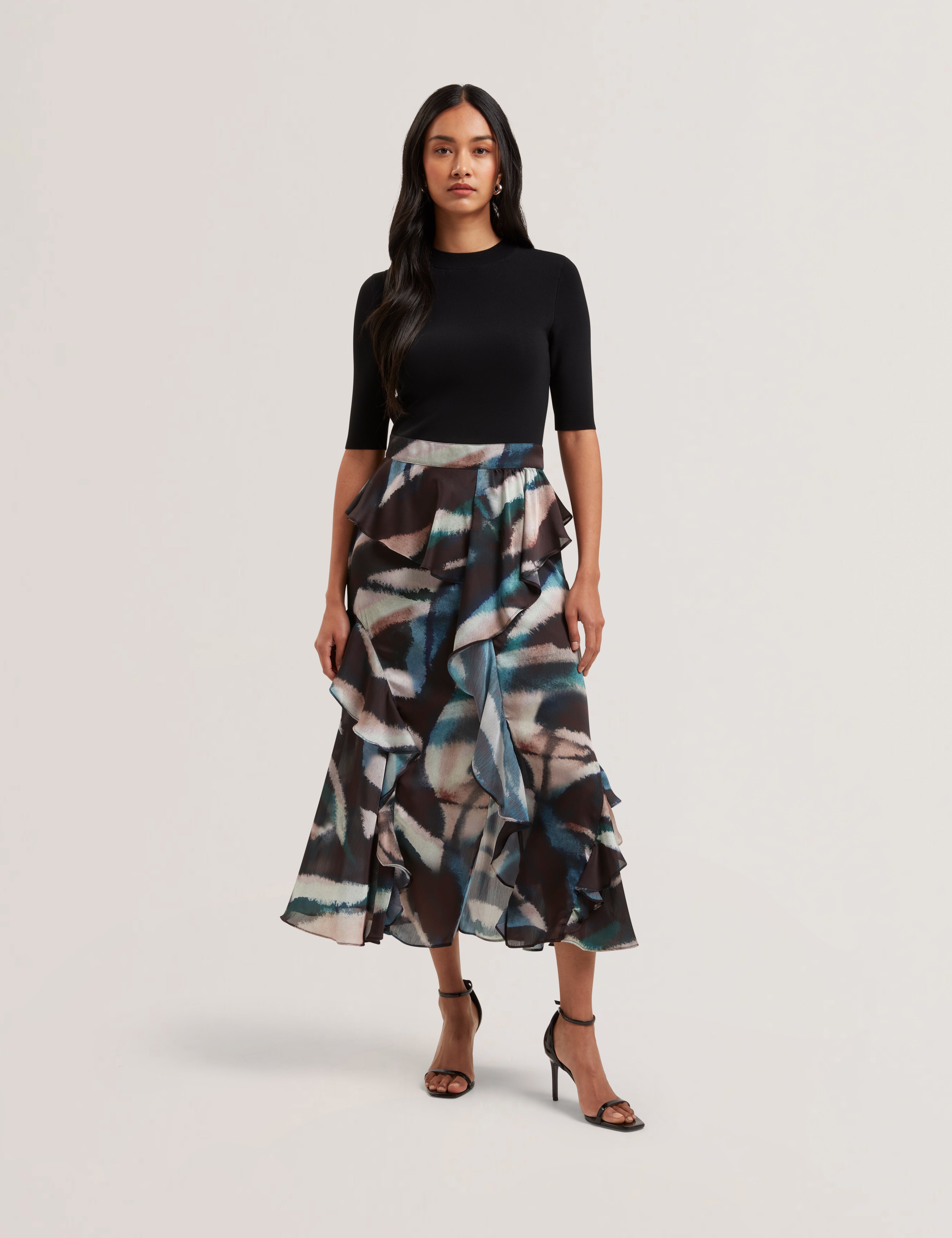 ted baker knitted frill full skirt dress Shop Aurelio Knit Bodice Printed Ruffle Skirt Dress Black for Women Online
