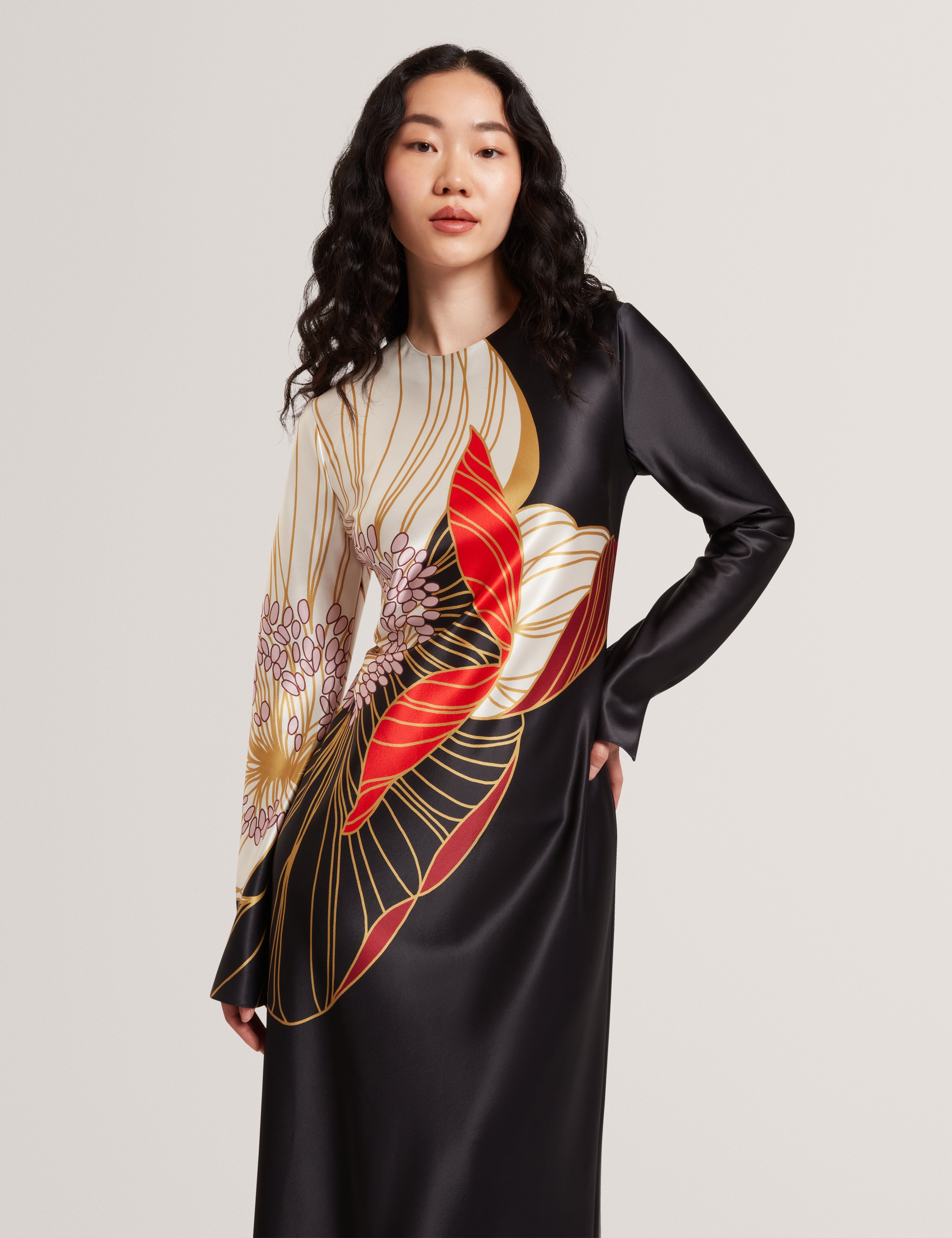 Ziara Print Long Sleeve Midi Dress Black Ziara Print Long Sleeve Midi Dress Black
