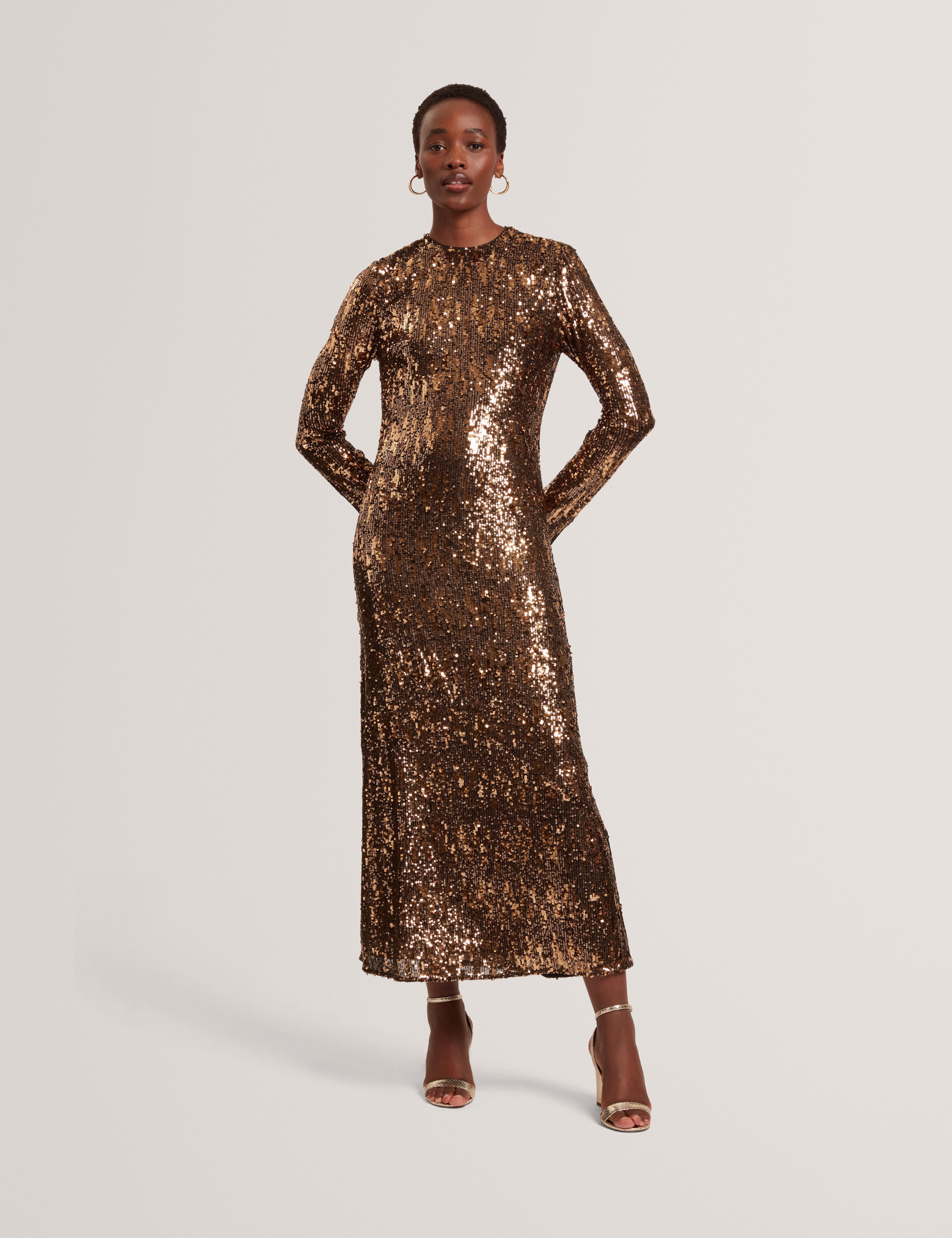 Jadeaa Sequinned Long Sleeve Midi Dress Natural Jadeaa Sequinned Long Sleeve Midi Dress Natural