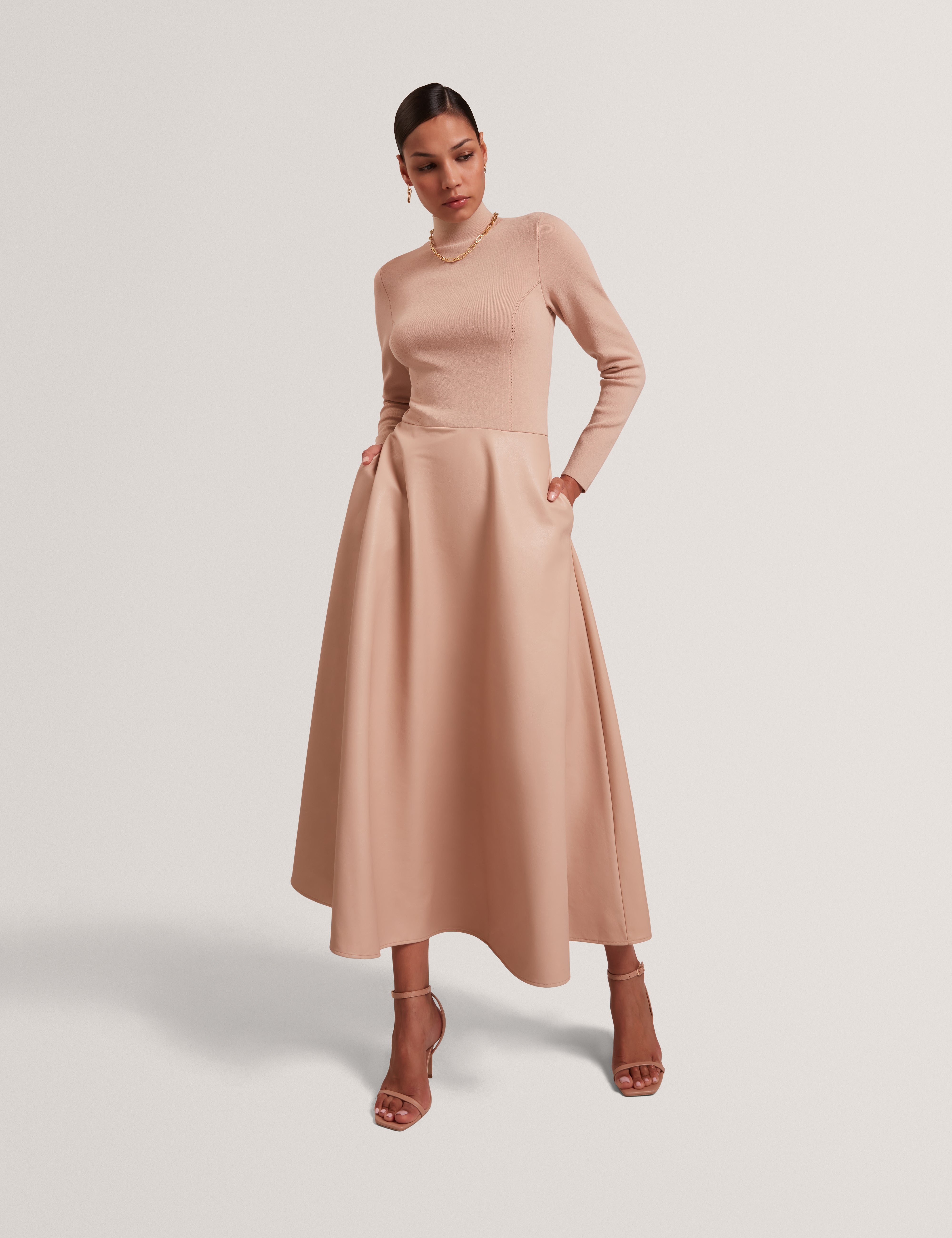 Allmie High Neck Dress With Faux Leather Skirt Taupe