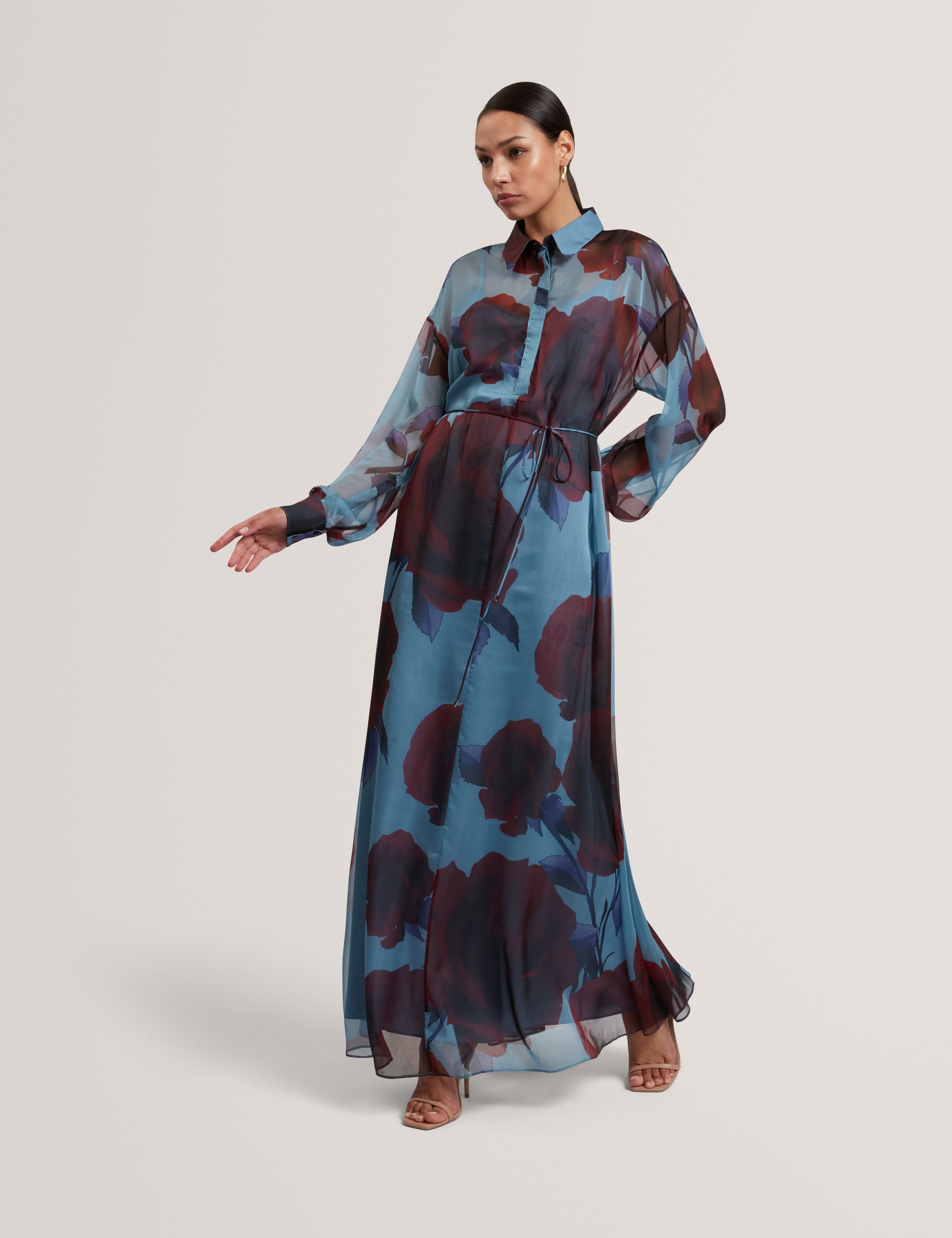 Marrnie Printed Bib Detail Maxi Shirt Dress Lt-Blue Marrnie Printed Bib Detail Maxi Shirt Dress Lt-Blue
