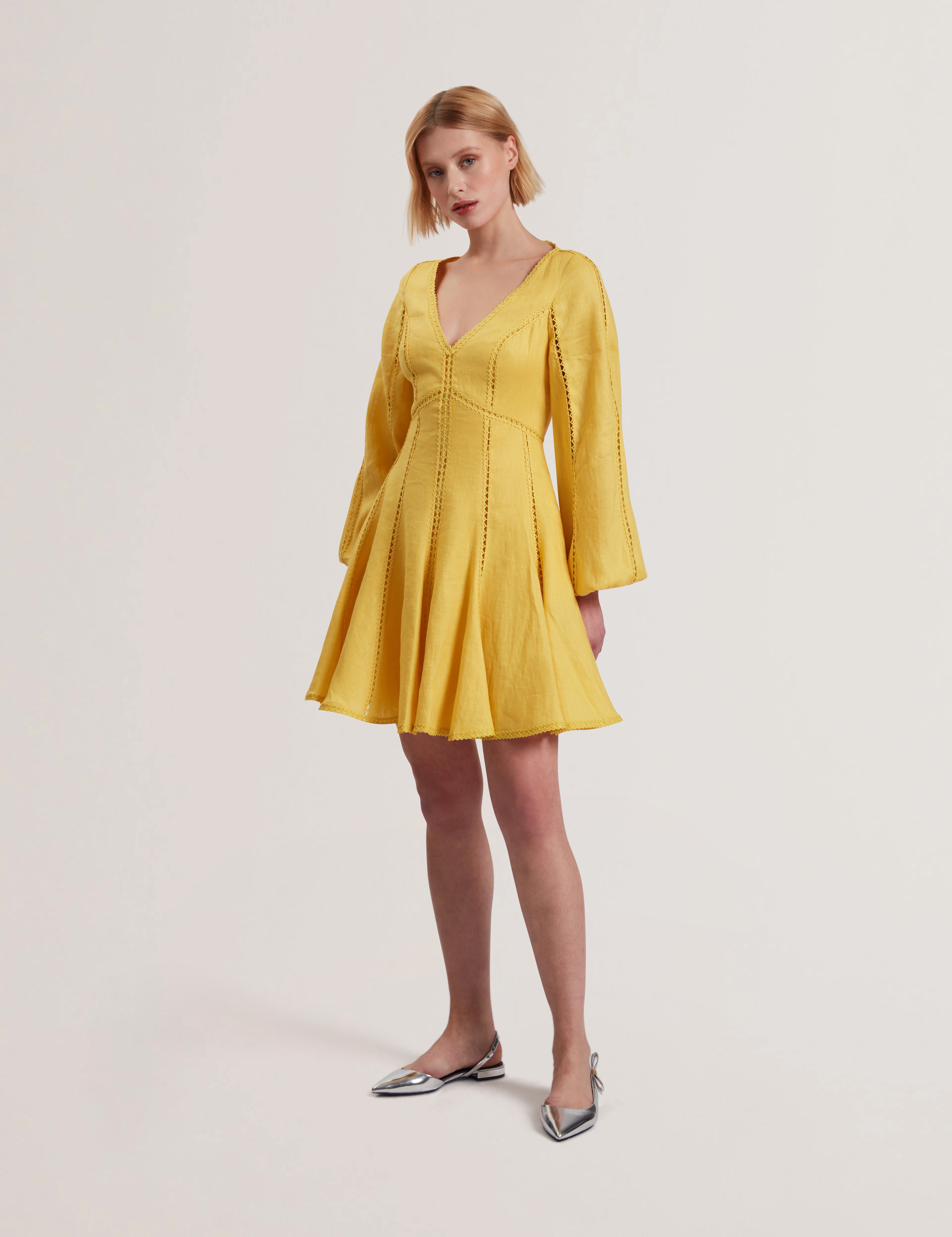 Shop Emerda Trim Detail Linen Mini Dress Yellow for Women Online