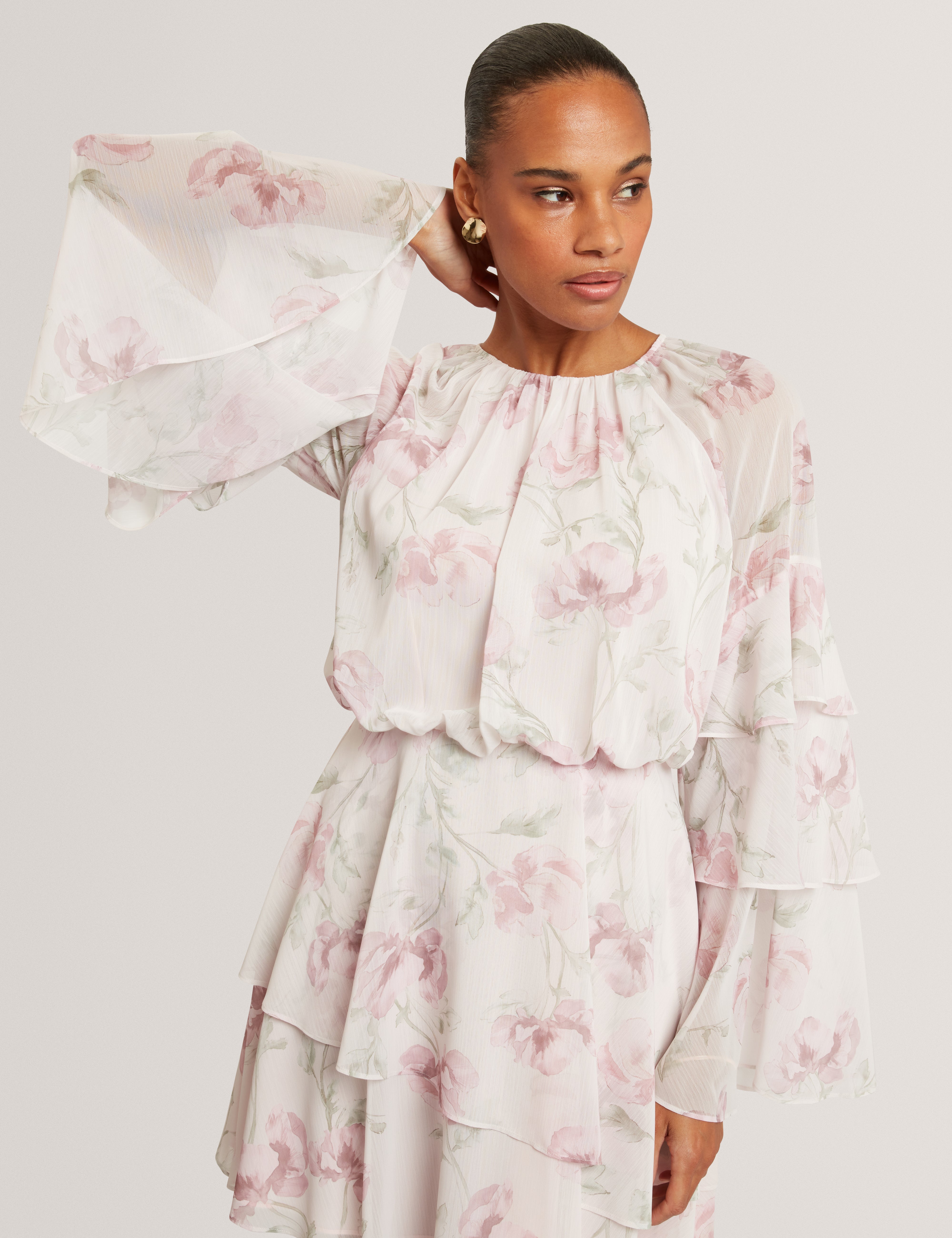 knee length dresses for ladies Mahliia Floral Print Tiered Mini Dress Pl-Pink