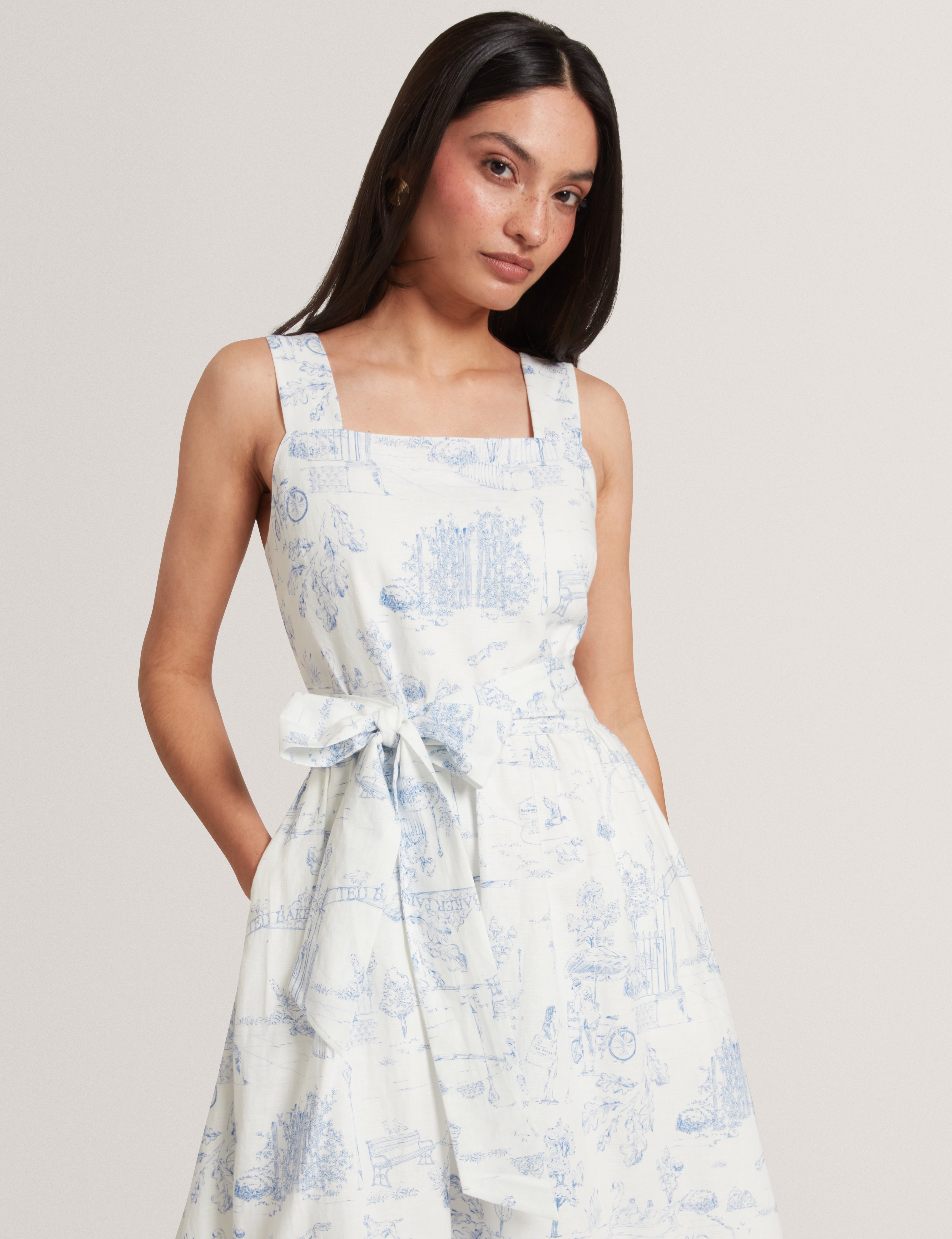 Celesa Linen Blend Printed Tie Waist Midi Dress White Celesa Linen Blend Printed Tie Waist Midi Dress White