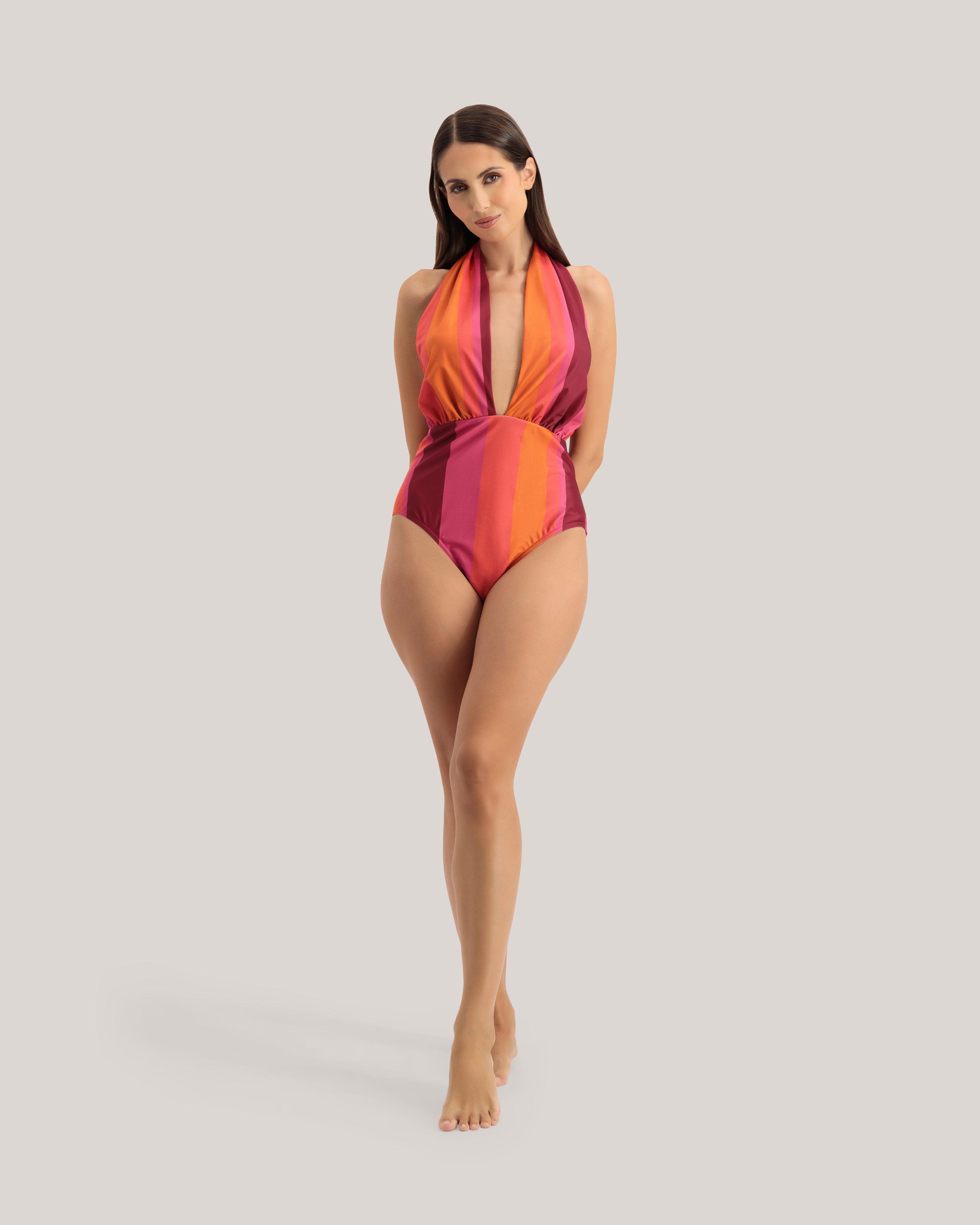 Orlha Stripe Print Multiway Swimsuit Brt-Orange