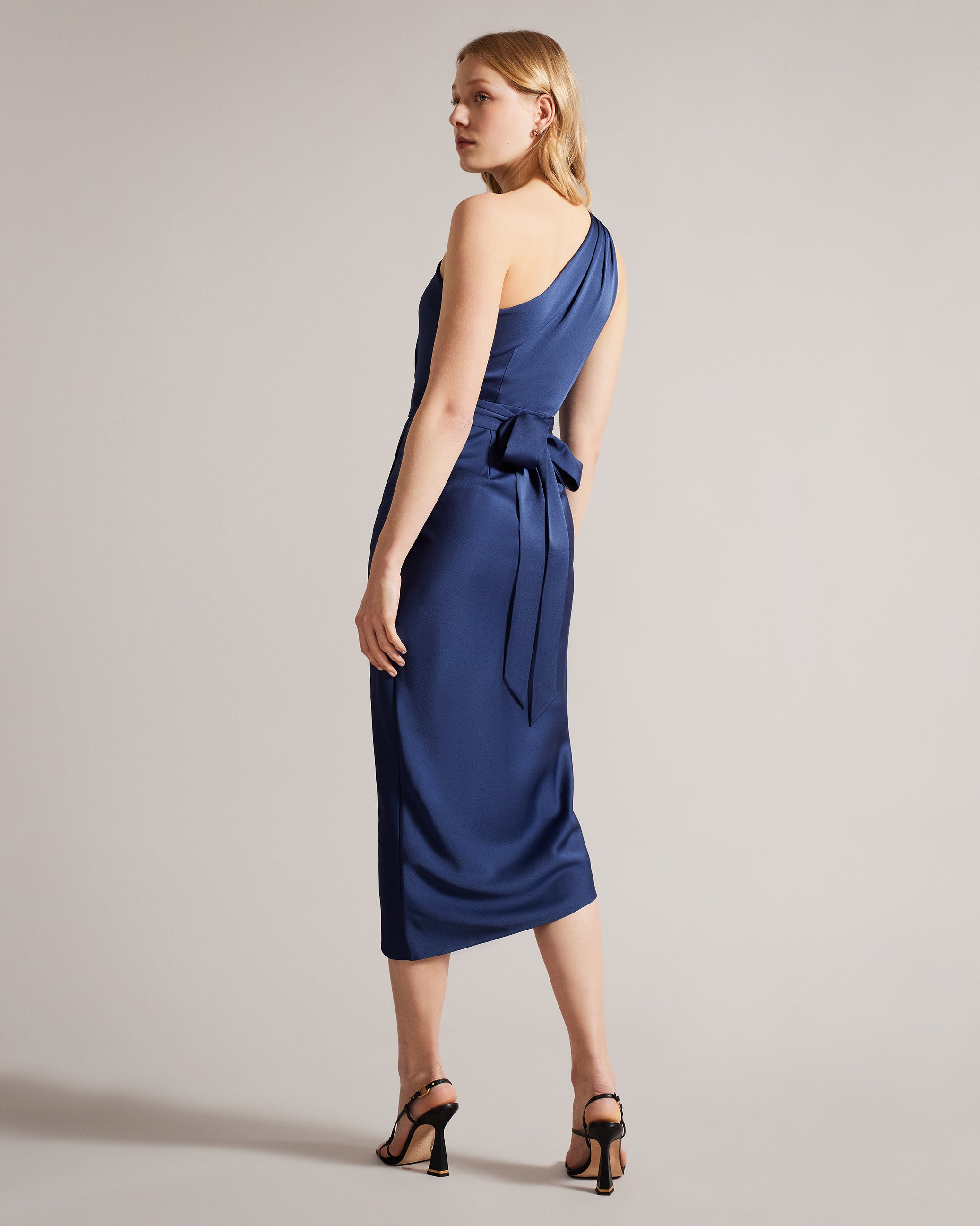 Gabie One Shoulder Drape Midi Dress Dk-Blue