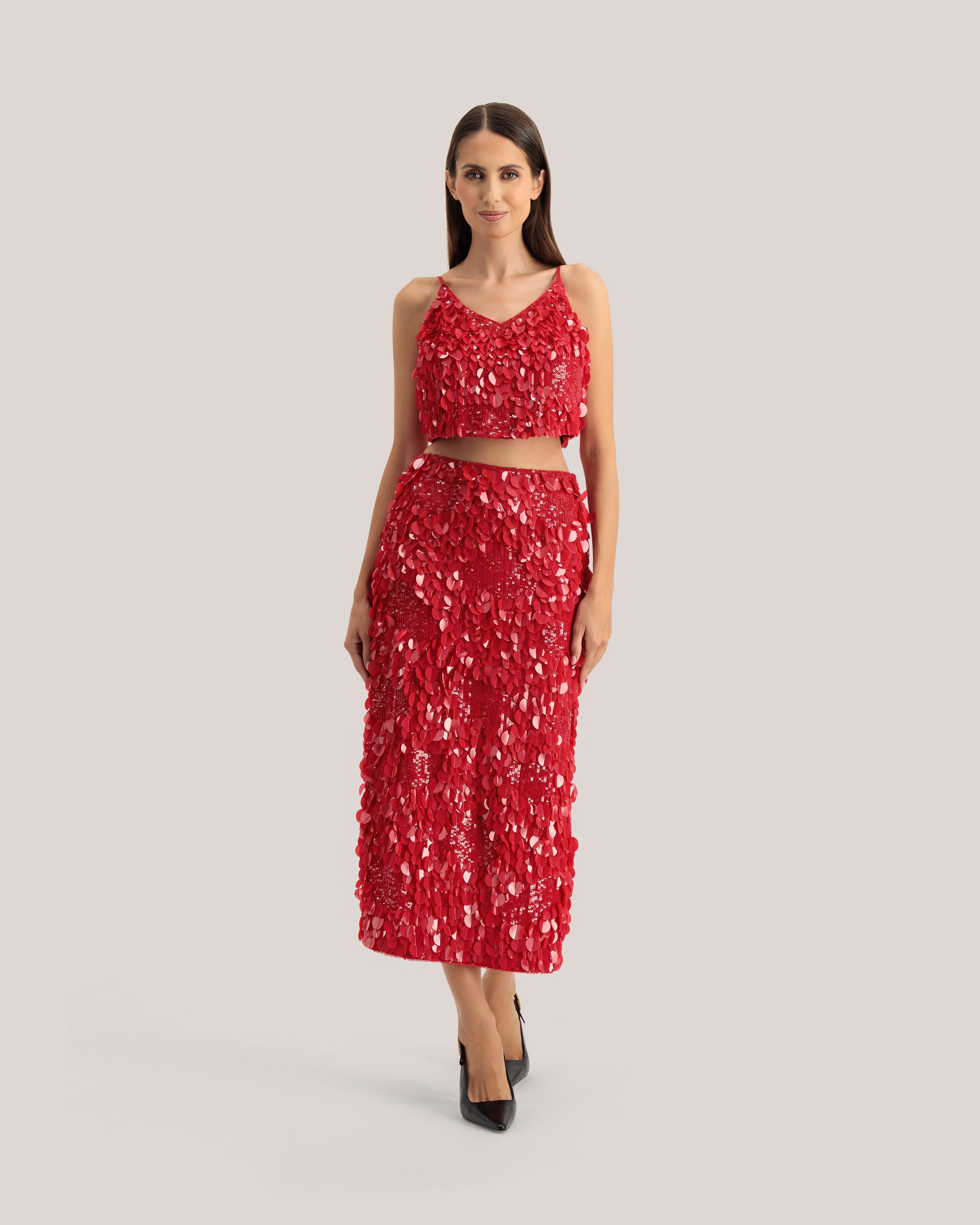 Jalenda Mixed Sequin Cropped Cami Top Red
