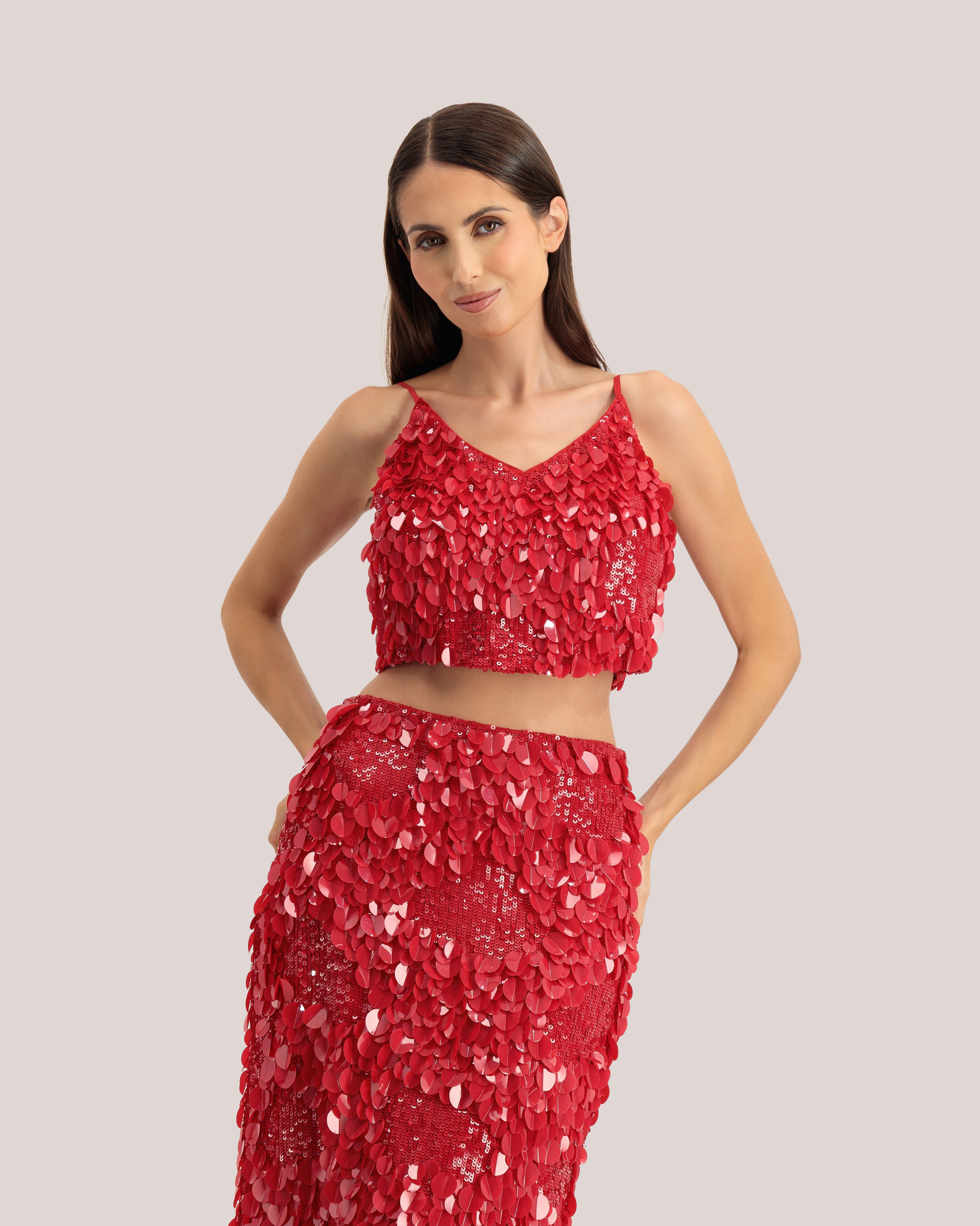 Jalenda Mixed Sequin Cropped Cami Top Red
