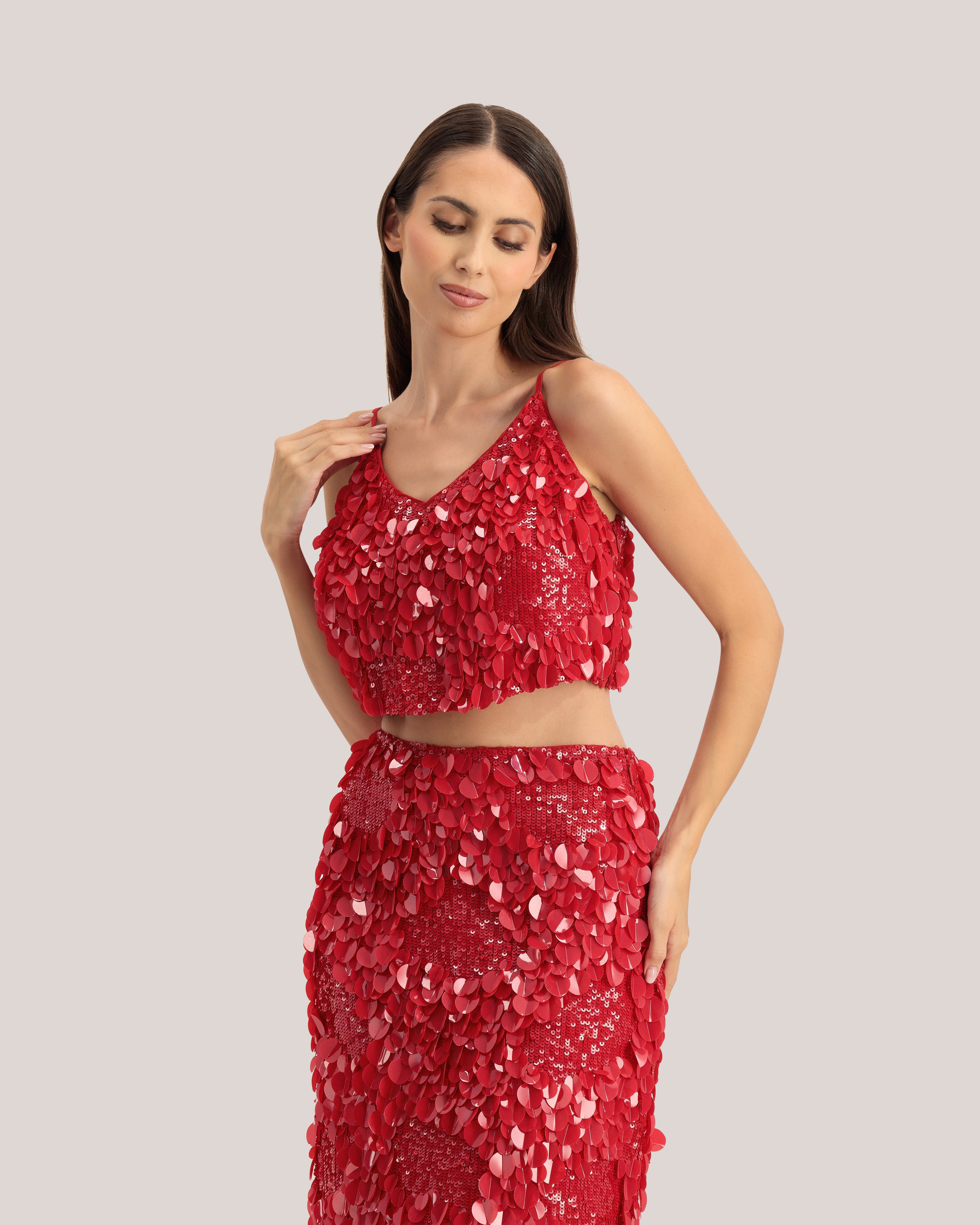 Jalenda Mixed Sequin Cropped Cami Top Red