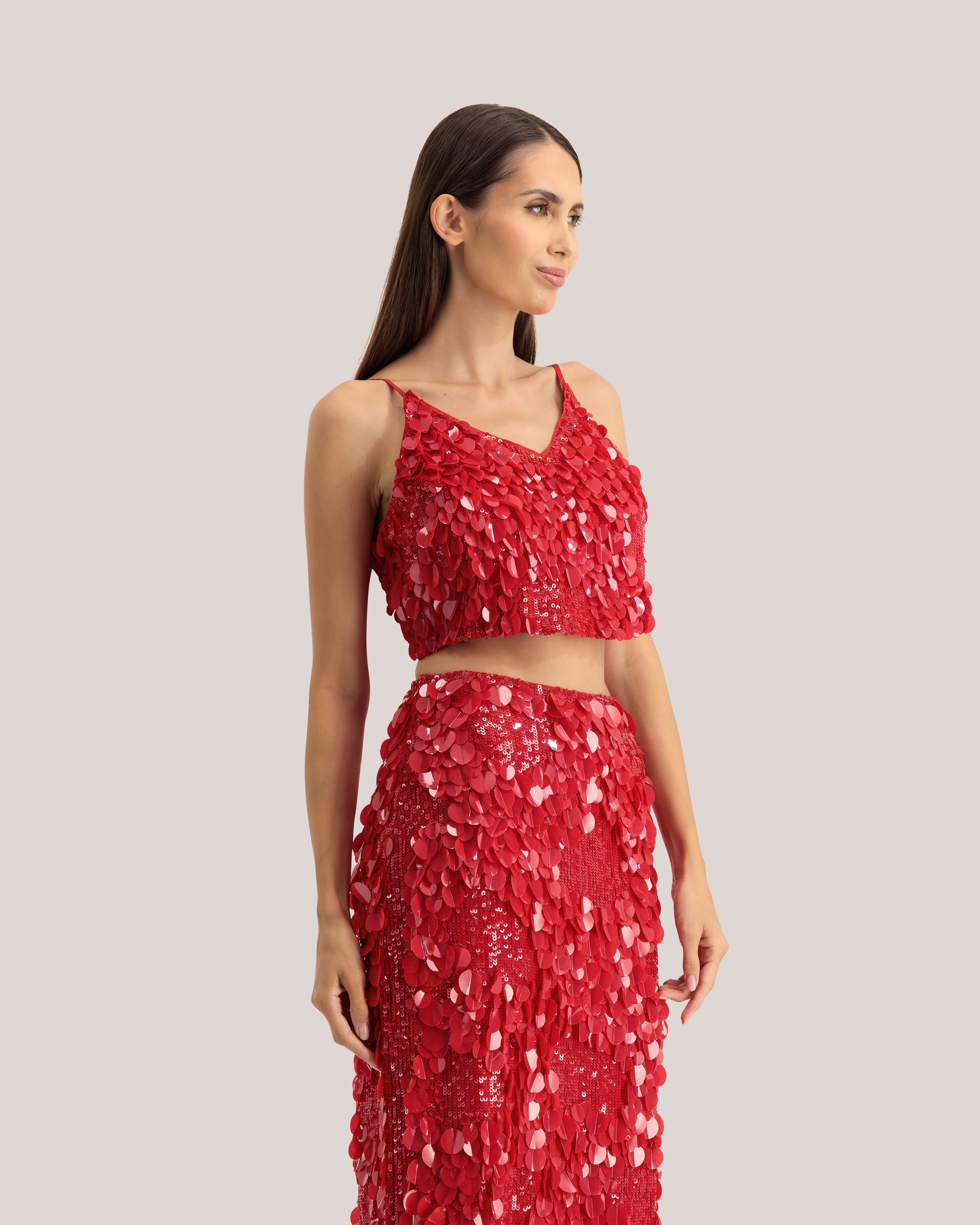 Jalenda Mixed Sequin Cropped Cami Top Red