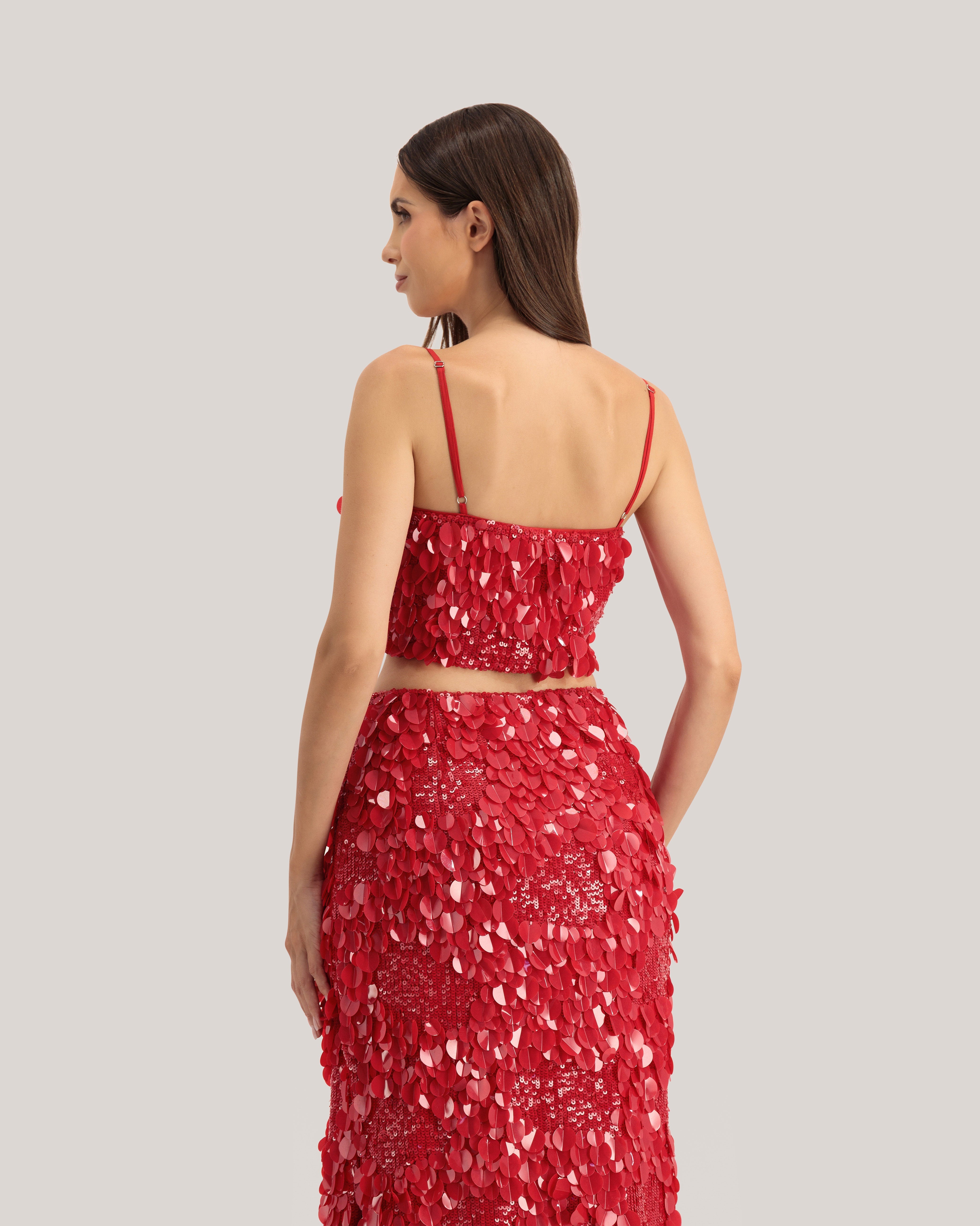 Jalenda Mixed Sequin Cropped Cami Top Red