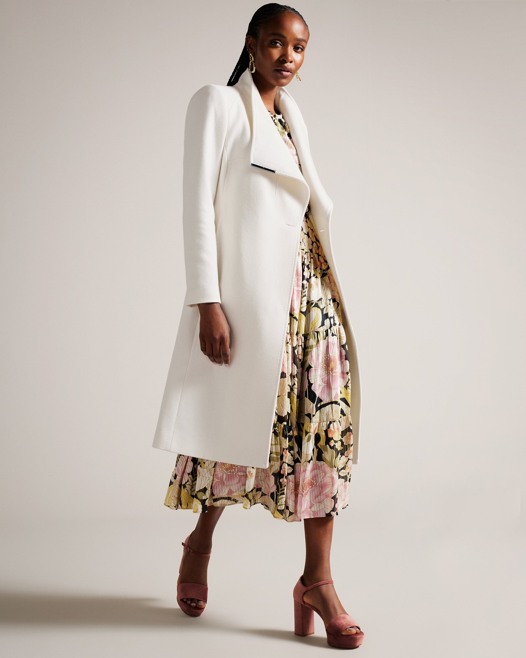 Rose Midi Length Belted Wool Wrap Coat Ivory