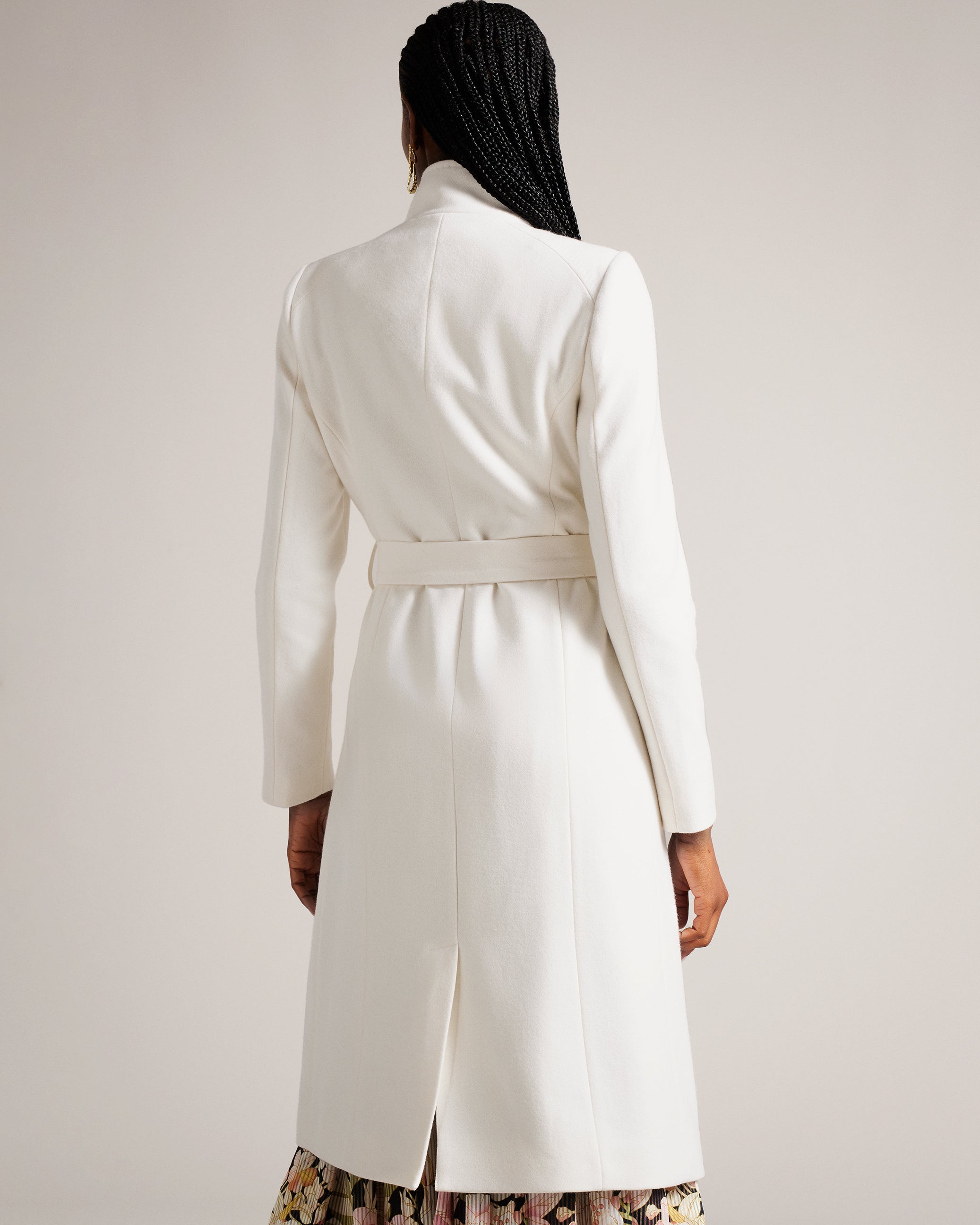 Rose Midi Length Belted Wool Wrap Coat Ivory