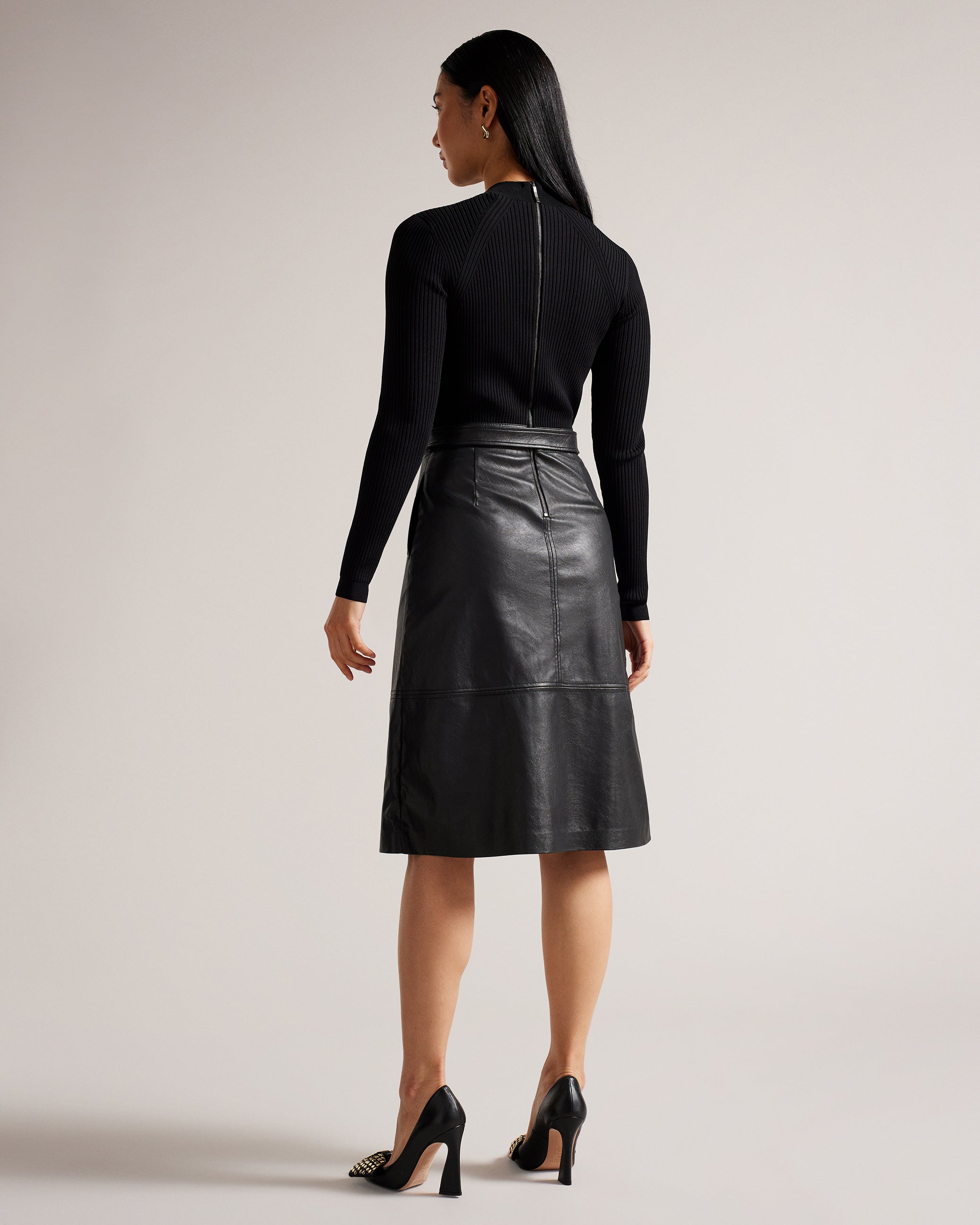 Alltaa Knit Bodice Midi Dress With Faux Leather Skirt Black