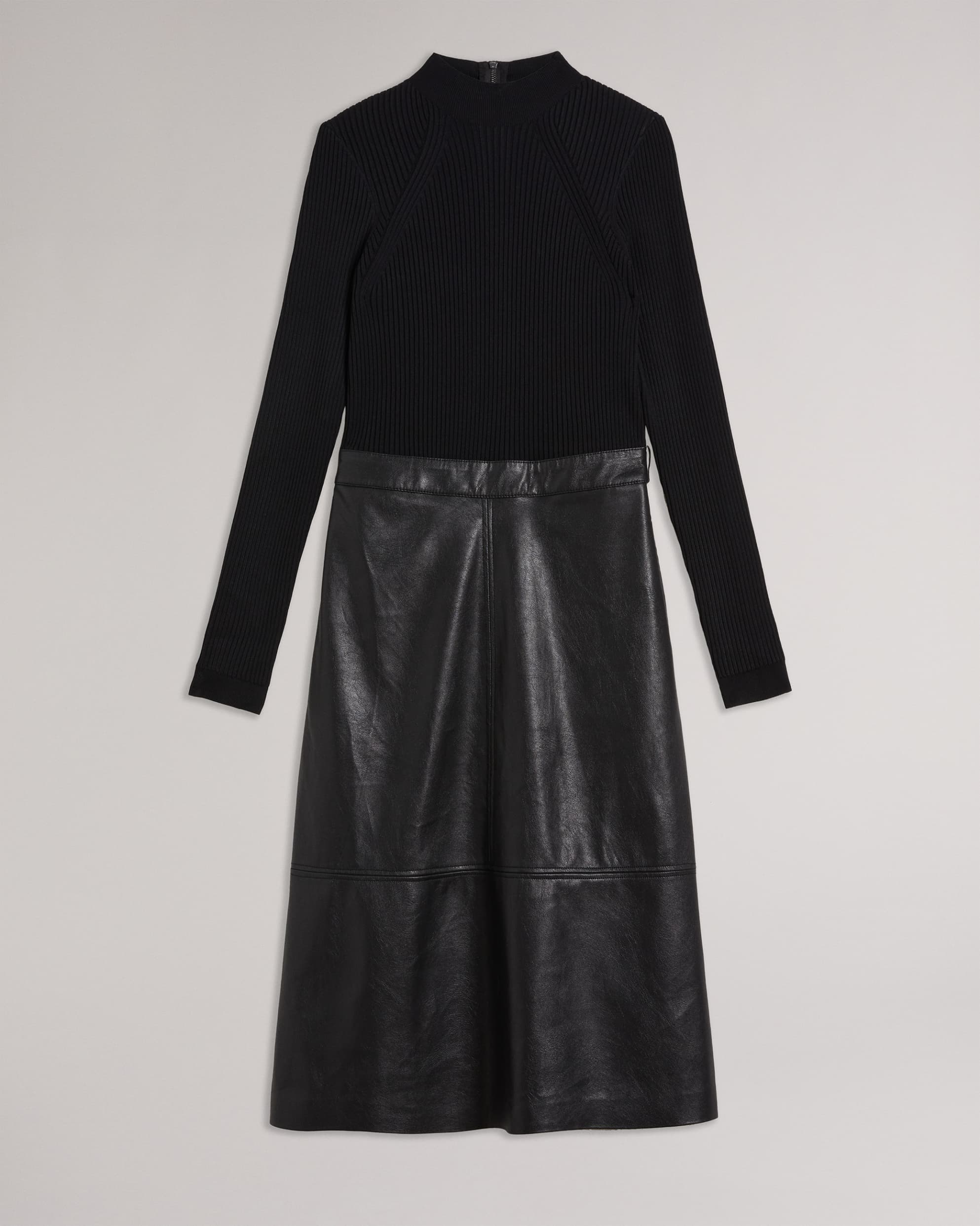 Alltaa Knit Bodice Midi Dress With Faux Leather Skirt Black
