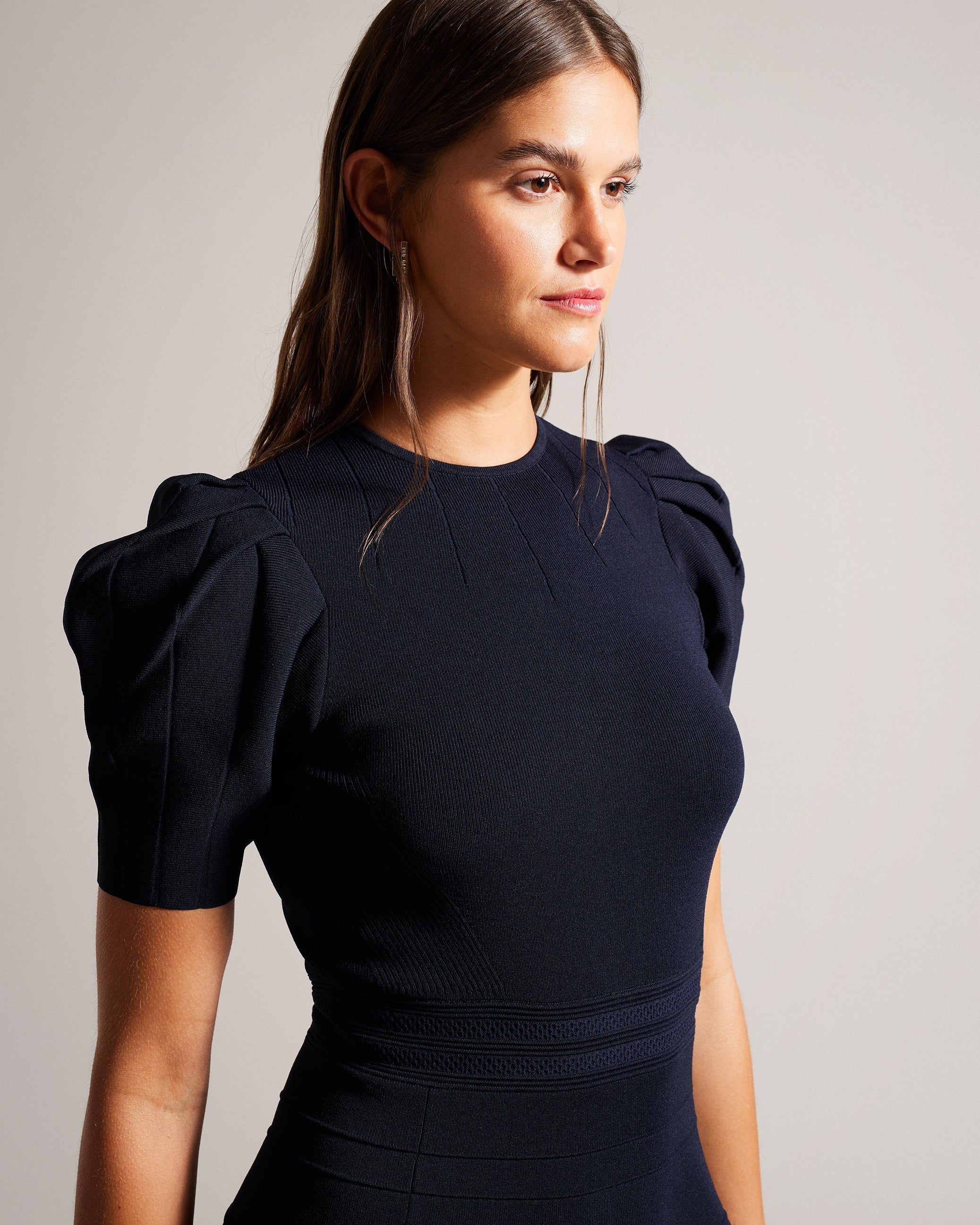 Velvey Puff Sleeve Dress With Engineered Skirt Navy