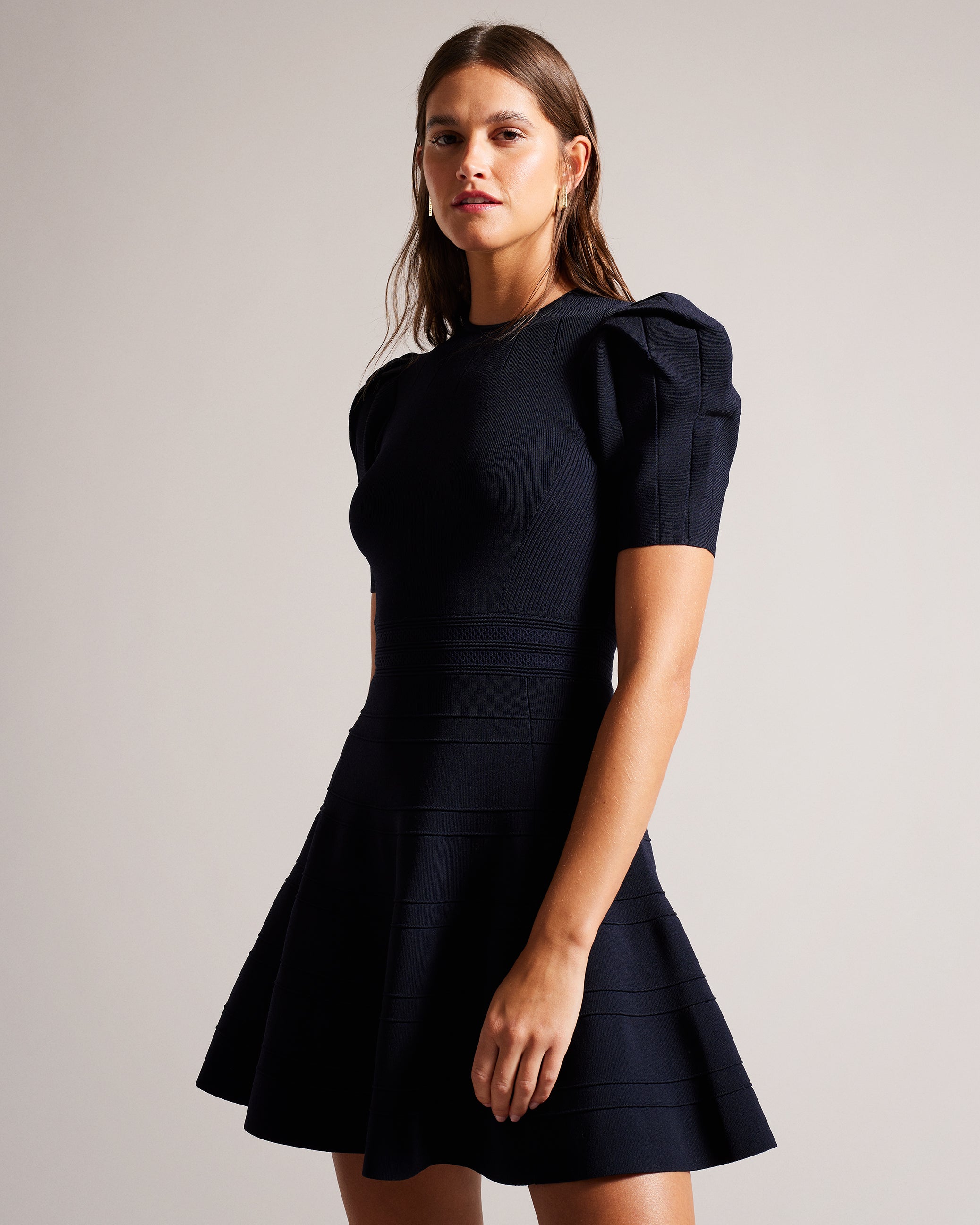 Velvey Puff Sleeve Dress With Engineered Skirt Navy