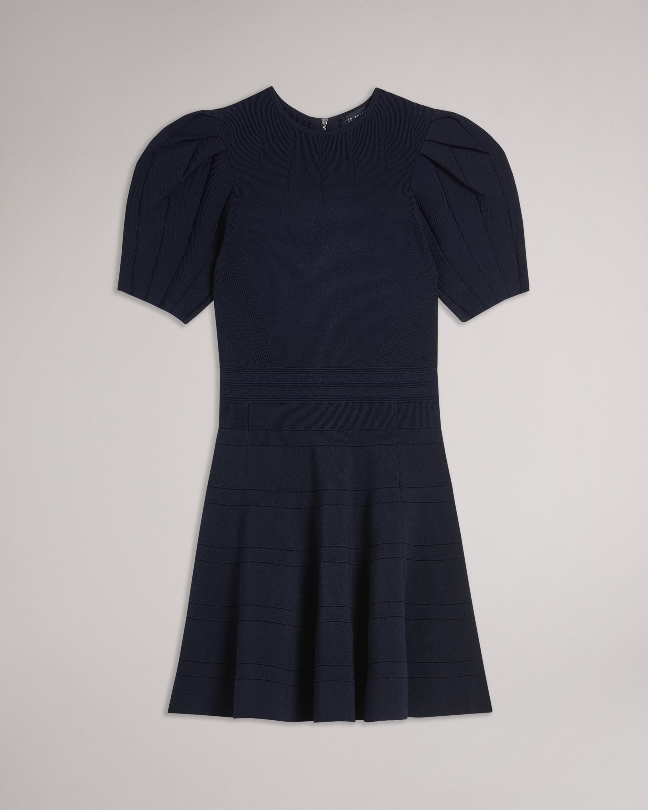 Velvey Puff Sleeve Dress With Engineered Skirt Navy