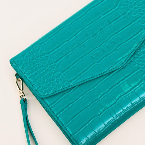 Crocey Croc Effect Envelope Clutch Bag Teal-Blue