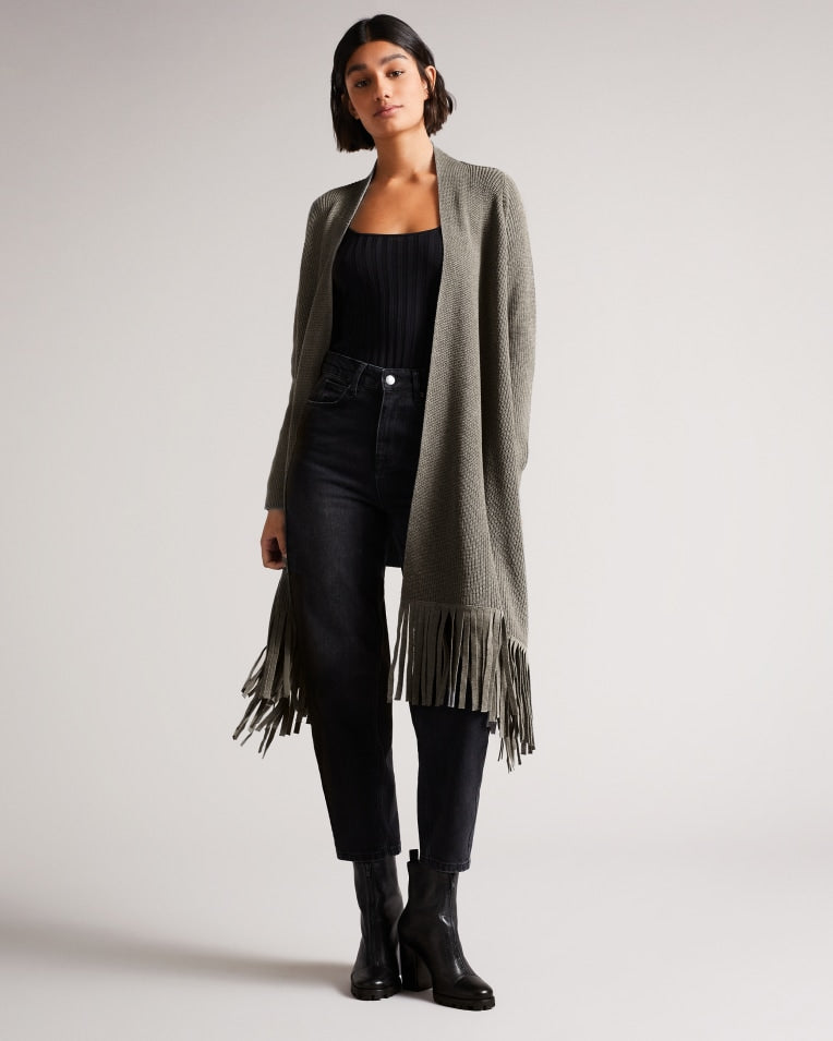 Fllorie Oversized Fringed Cardi Mid-Grey