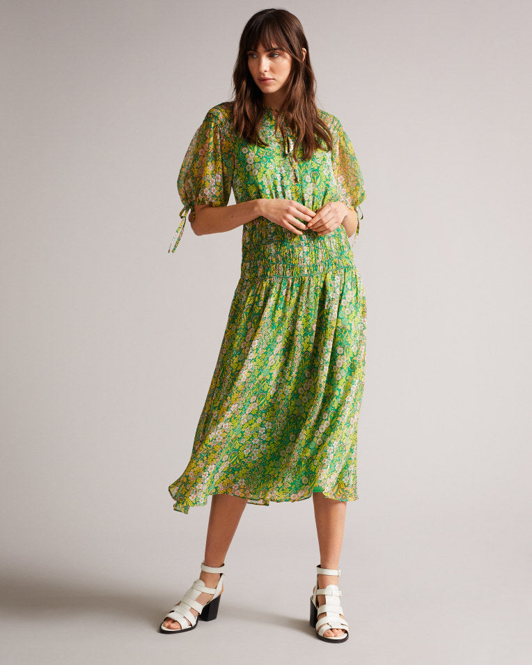 Ursille Asymmetric Smocking Midi Dress With Neck Mid Green