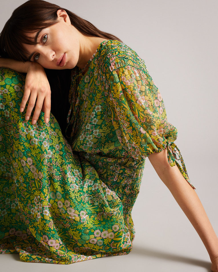 Ursille Asymmetric Smocking Midi Dress With Neck Mid Green