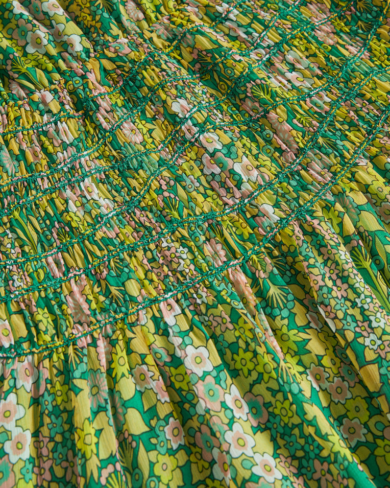 Ursille Asymmetric Smocking Midi Dress With Neck Mid Green