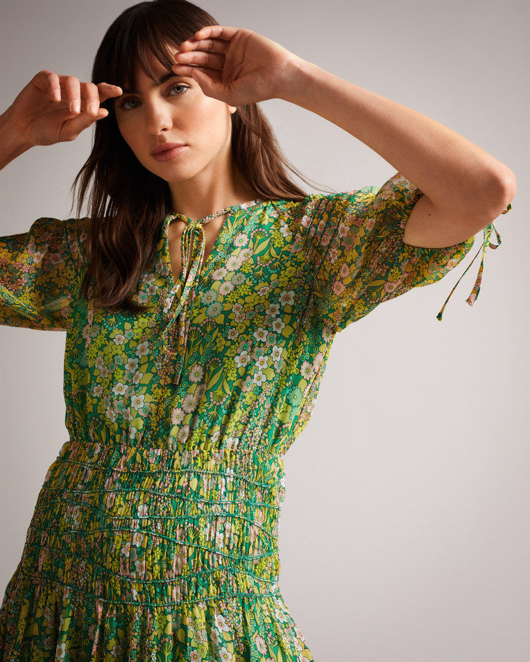 Ursille Asymmetric Smocking Midi Dress With Neck Mid Green