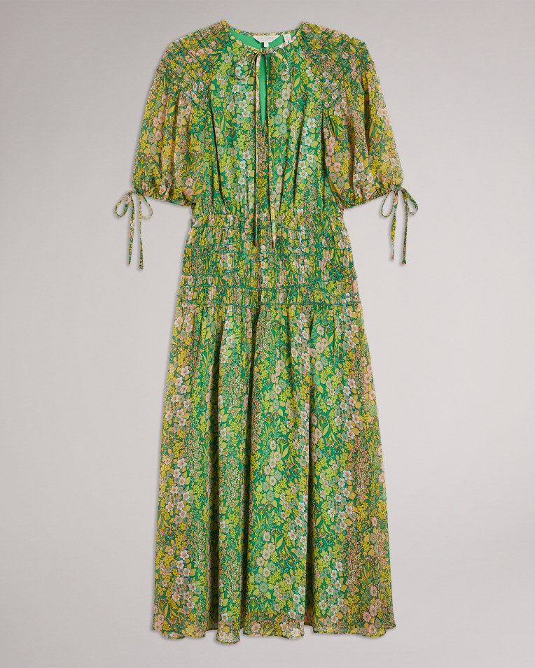 Ursille Asymmetric Smocking Midi Dress With Neck Mid Green