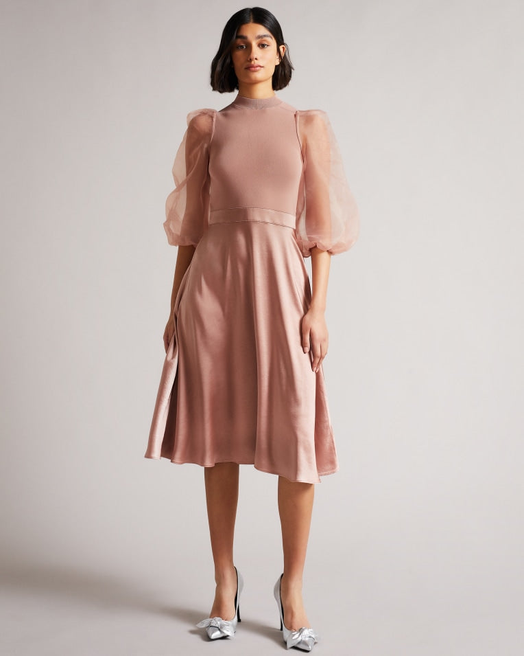 Lharra Knit Satin And Organza Midi Dress Dusky Pink